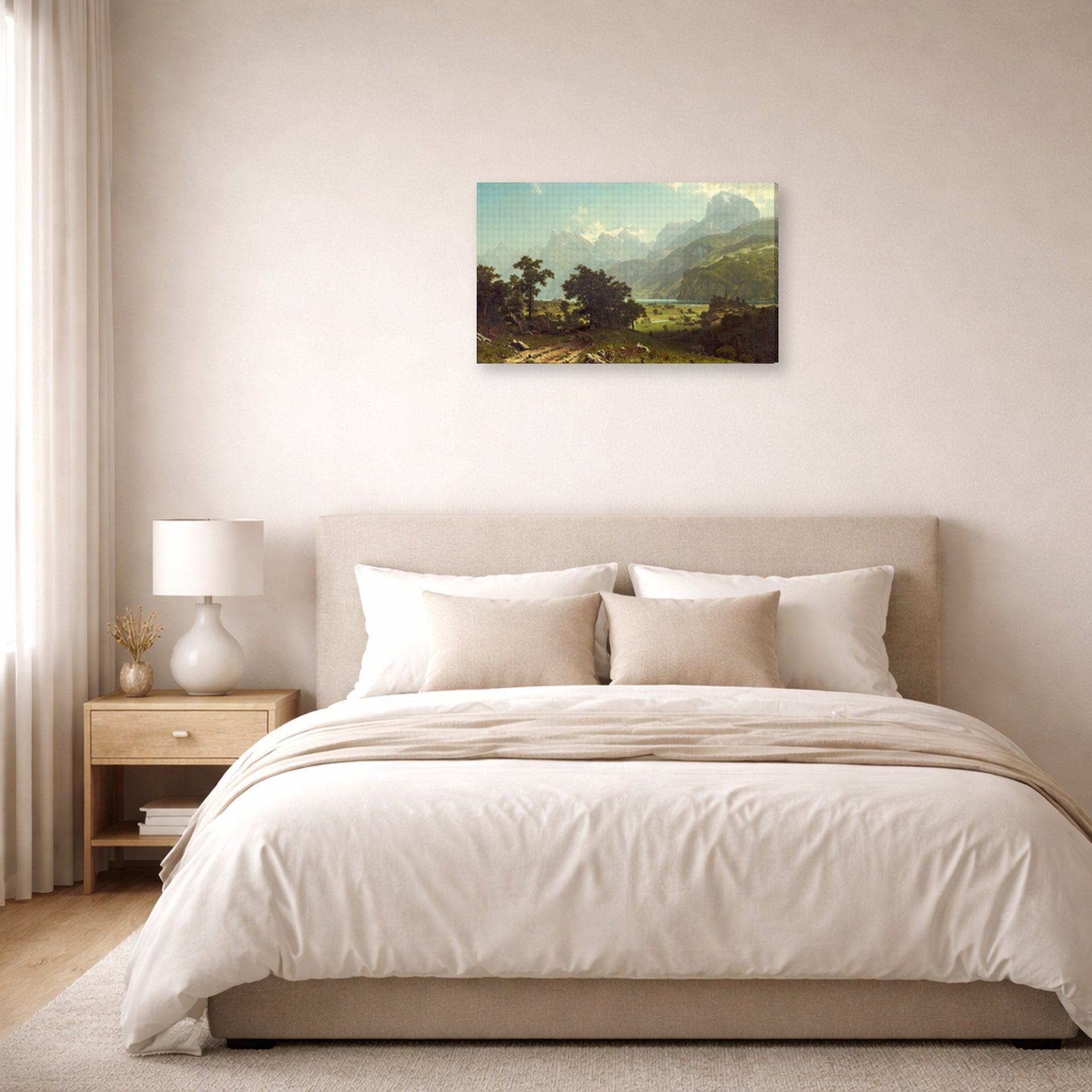 Gallery-wrapped canvas print of Albert Bierstadt's 'Lake Lucerne' displayed on a wall in a bedroom