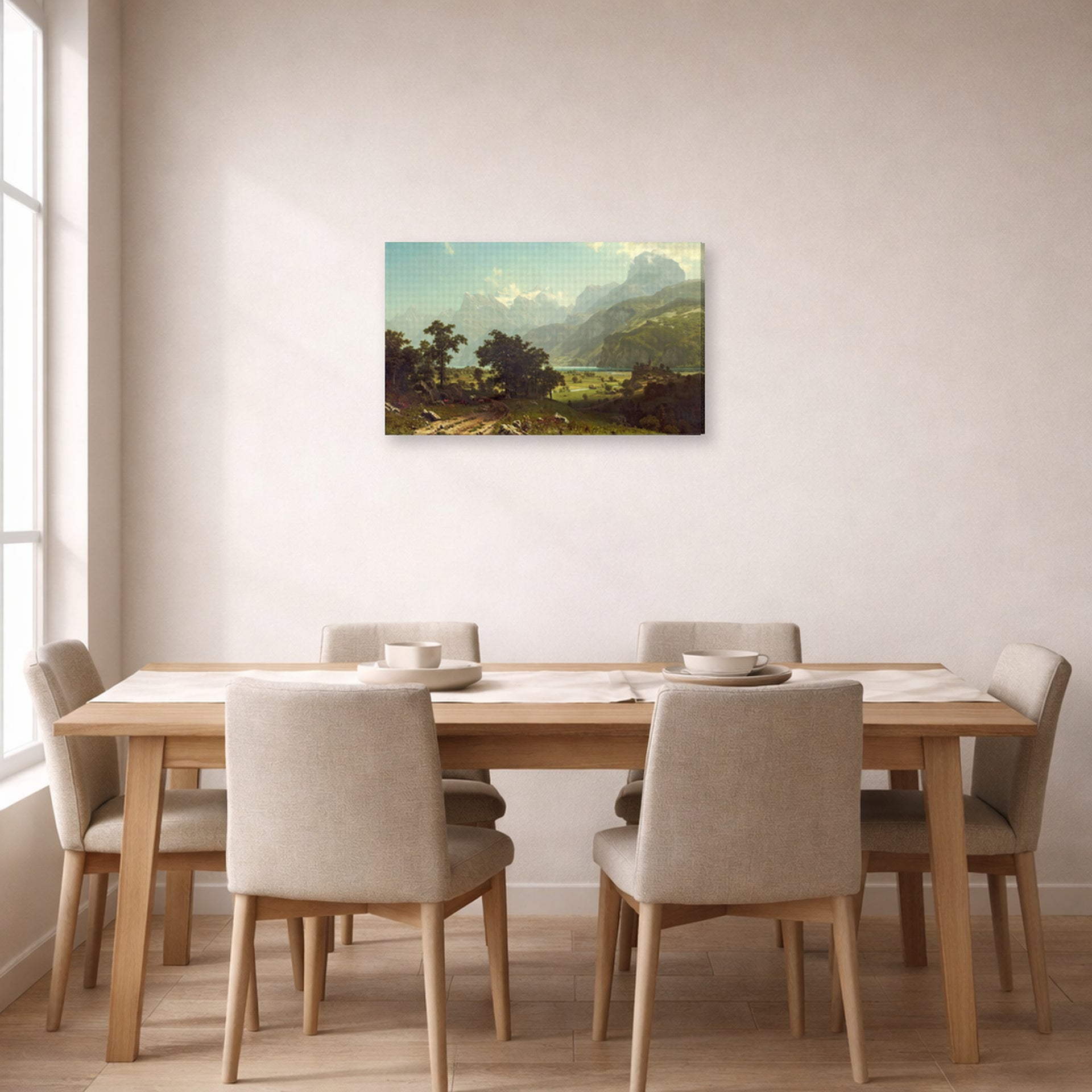 Gallery-wrapped canvas print of Albert Bierstadt's 'Lake Lucerne' displayed on a wall in a dining room