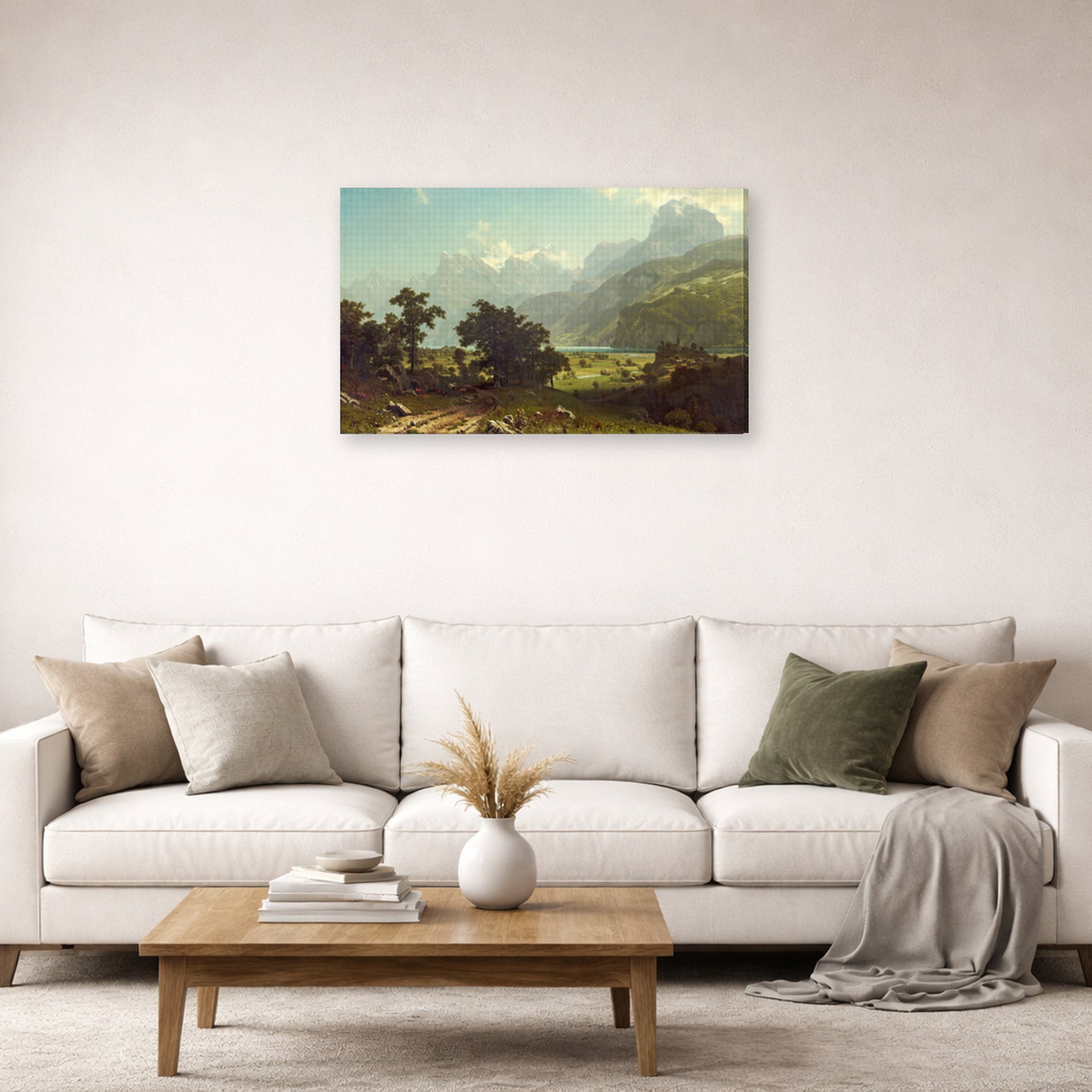 Gallery-wrapped canvas print of Albert Bierstadt's 'Lake Lucerne' displayed on a wall in a living room