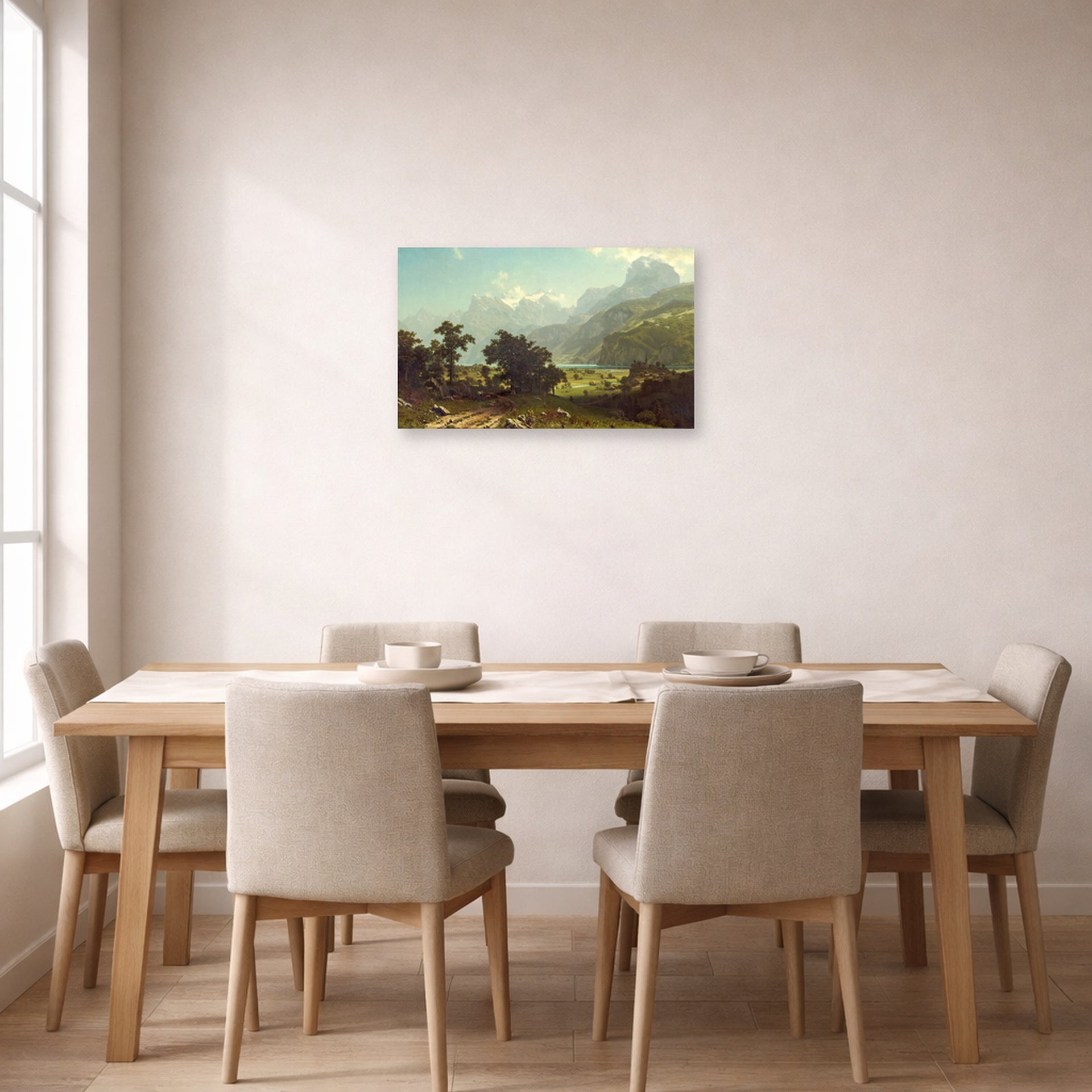 Unframed poster print of Albert Bierstadt's 'Lake Lucerne' displayed on a wall in a dining room