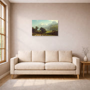 Unframed poster print of Albert Bierstadt's 'Lake Lucerne' displayed on a wall in a living room