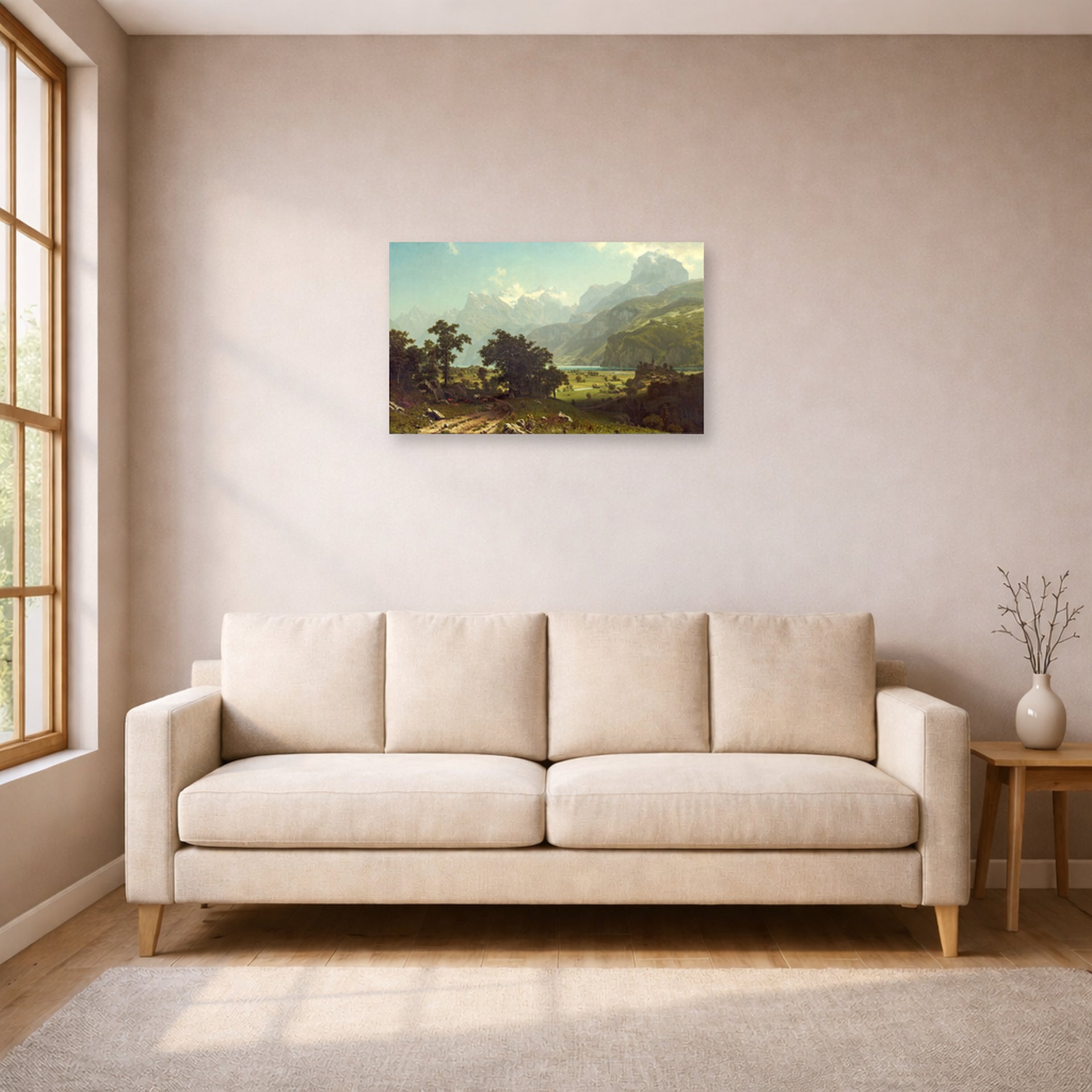 Unframed poster print of Albert Bierstadt's 'Lake Lucerne' displayed on a wall in a living room