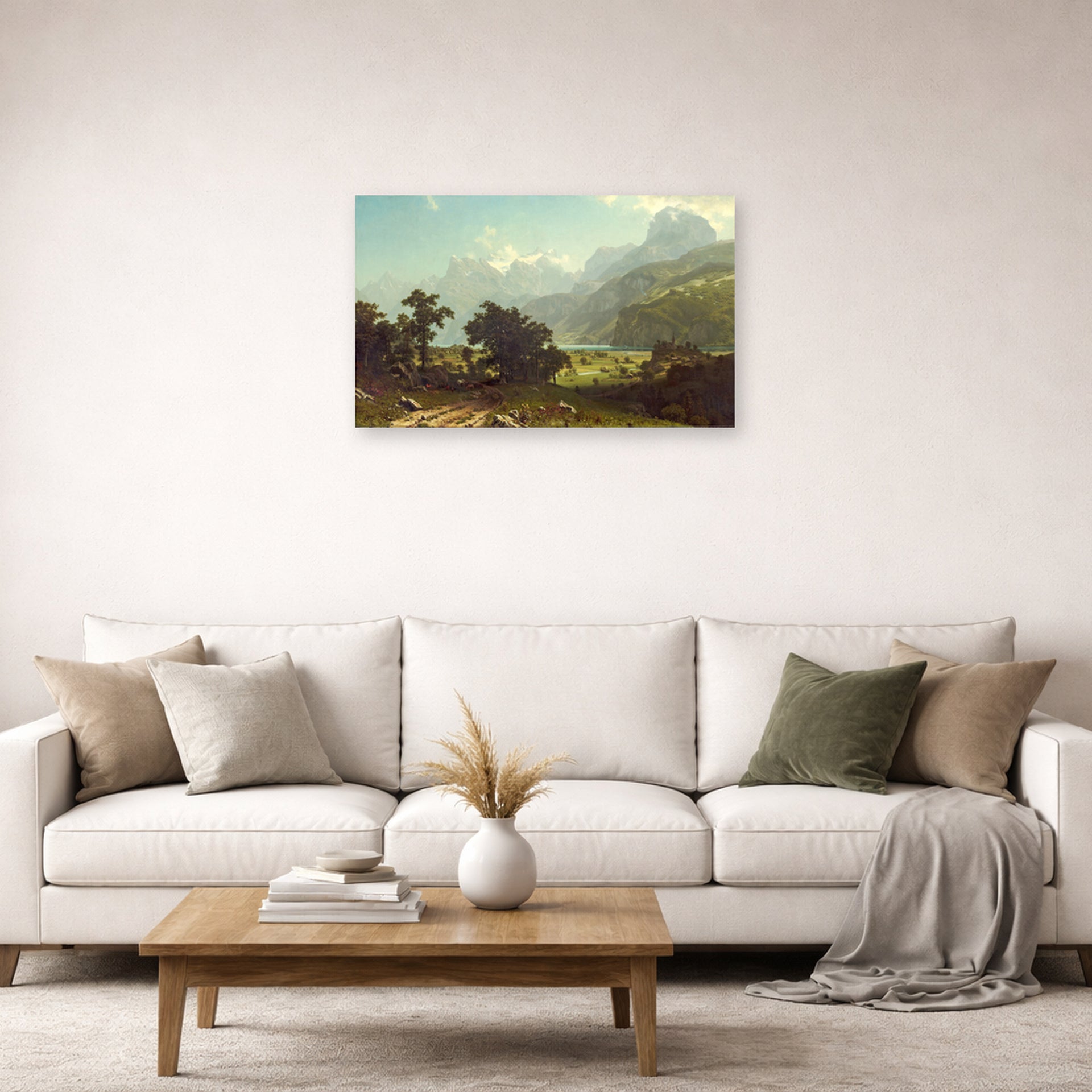 Unframed poster print of Albert Bierstadt's 'Lake Lucerne' displayed on a wall in a living room