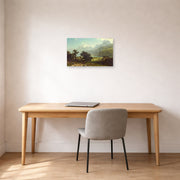 Unframed poster print of Albert Bierstadt's 'Lake Lucerne' displayed on a wall in a office