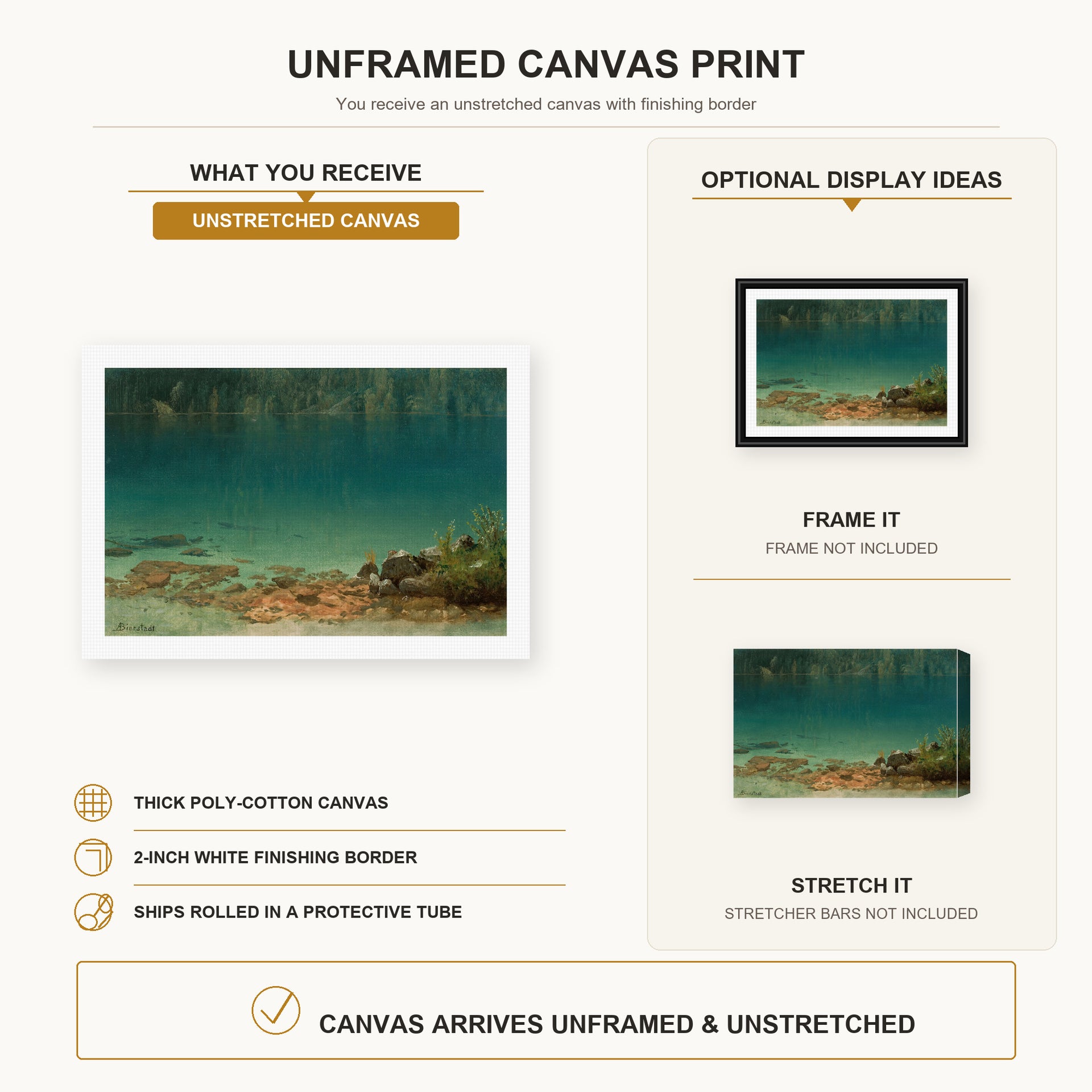 Albert Bierstadt - Lake Scene canvas print size comparison and framing display infographic