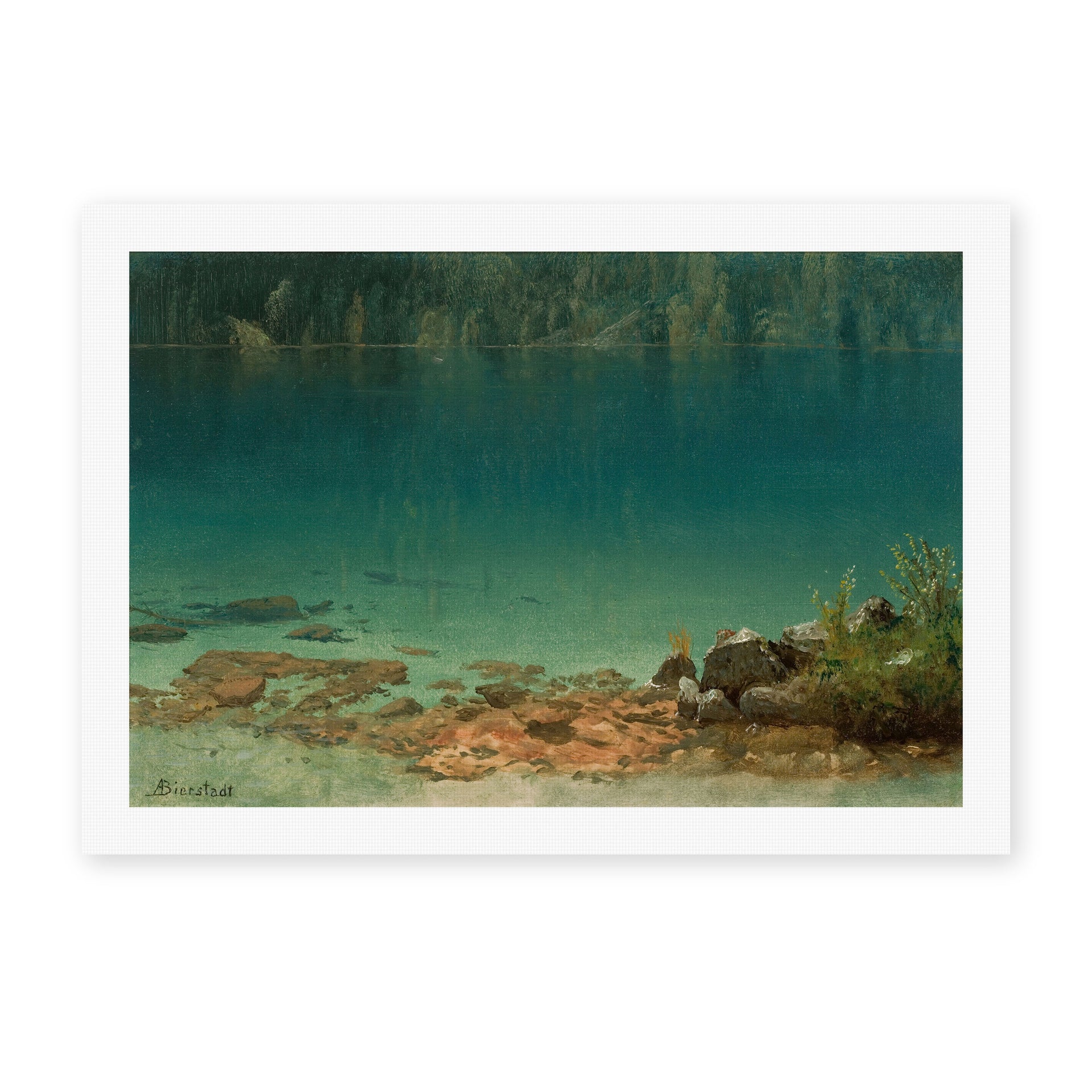 Albert Bierstadt's 'Lake Scene' painting reproduced as a rolled canvas print