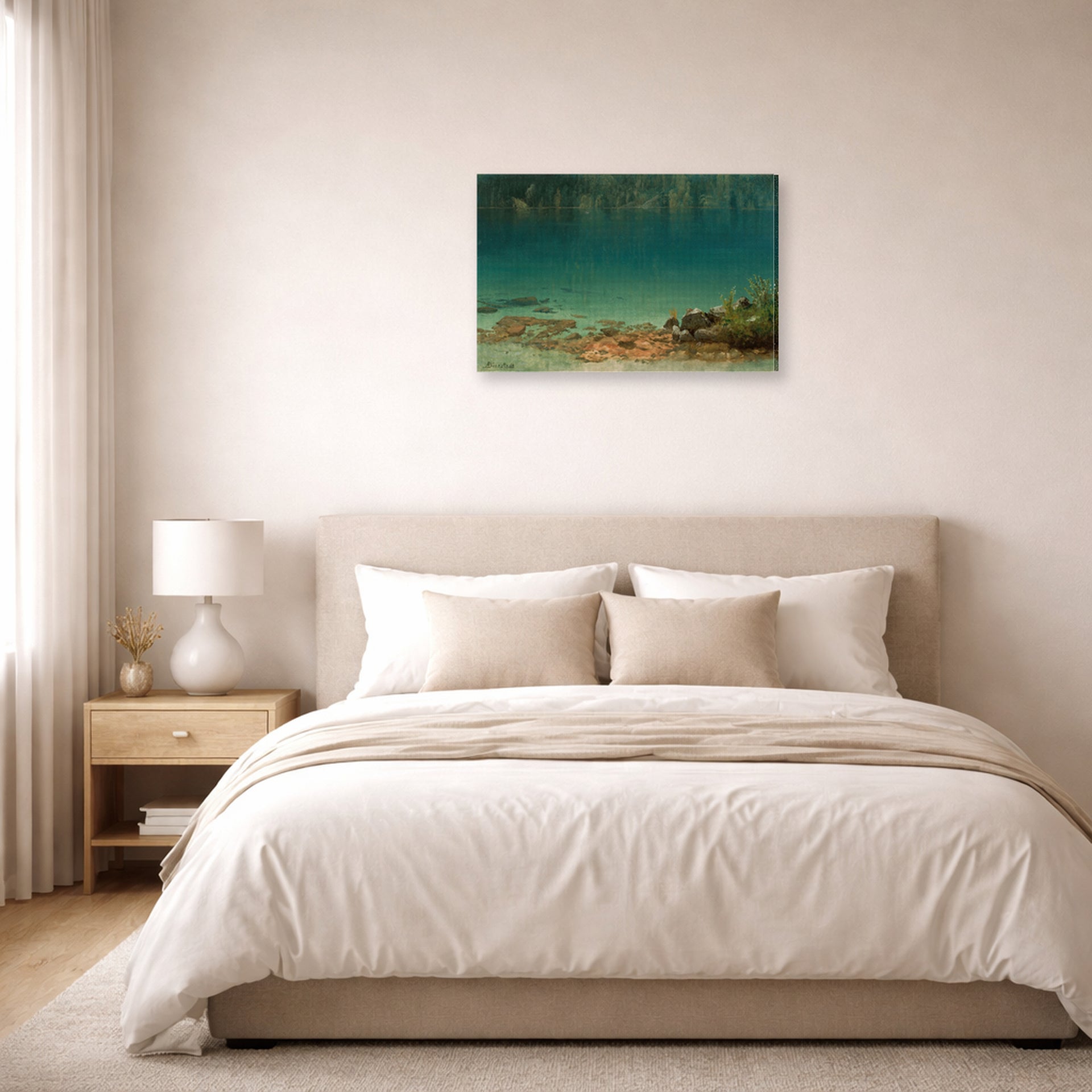 Gallery-wrapped canvas print of Albert Bierstadt's 'Lake Scene' displayed on a wall in a bedroom