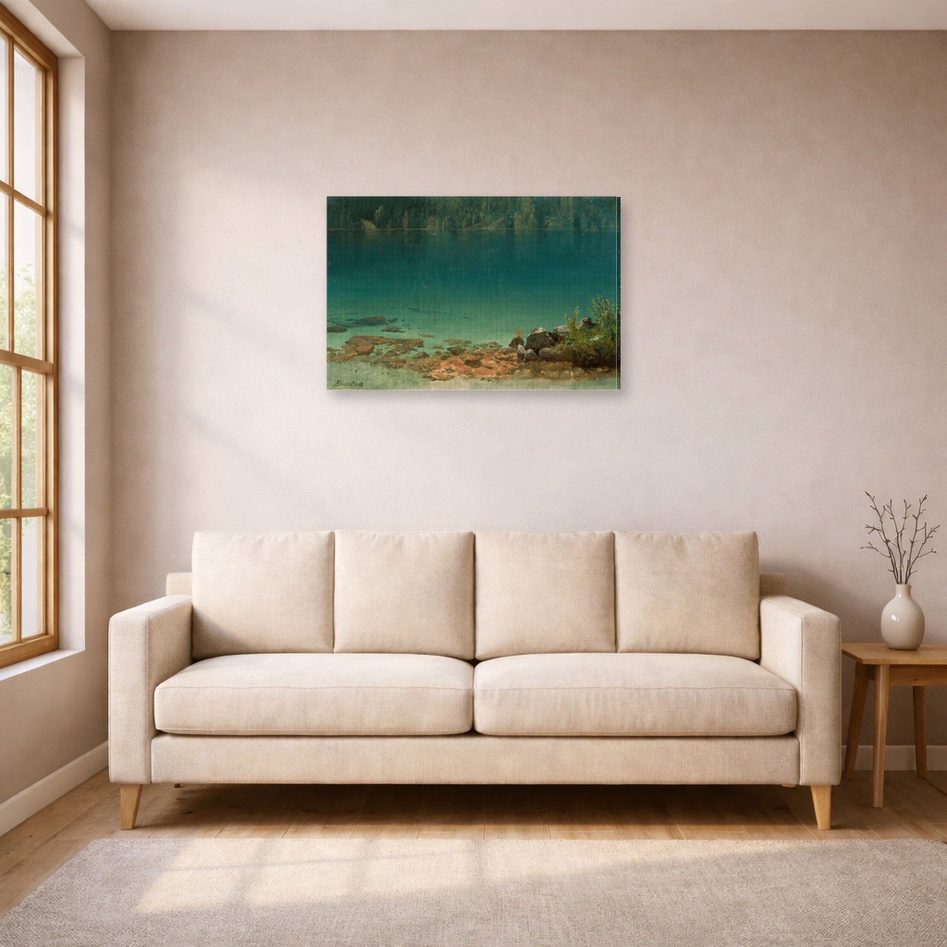 Gallery-wrapped canvas print of Albert Bierstadt's 'Lake Scene' displayed on a wall in a living room