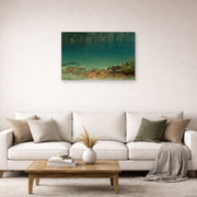 Gallery-wrapped canvas print of Albert Bierstadt's 'Lake Scene' displayed on a wall in a living room