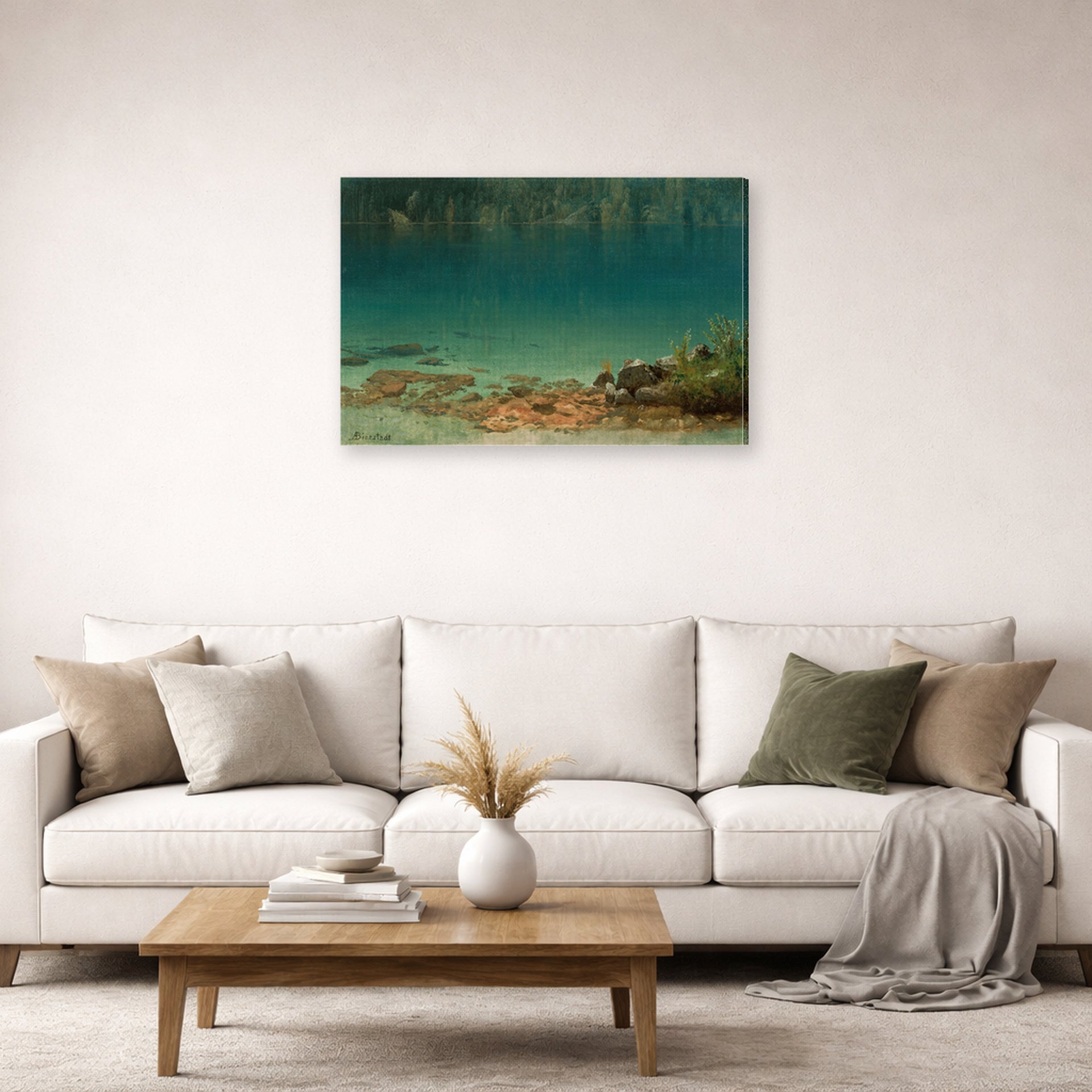 Gallery-wrapped canvas print of Albert Bierstadt's 'Lake Scene' displayed on a wall in a living room