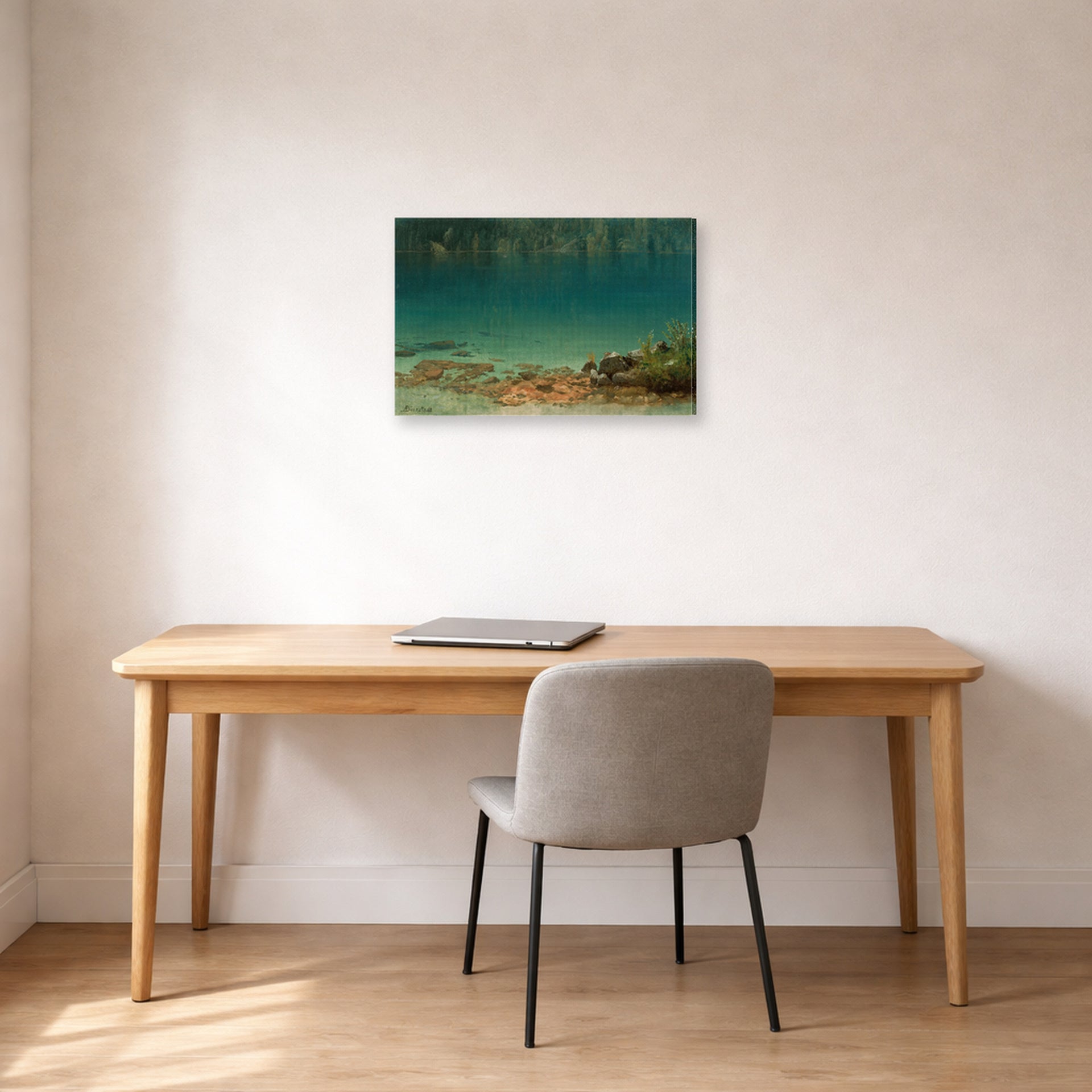 Gallery-wrapped canvas print of Albert Bierstadt's 'Lake Scene' displayed on a wall in a office