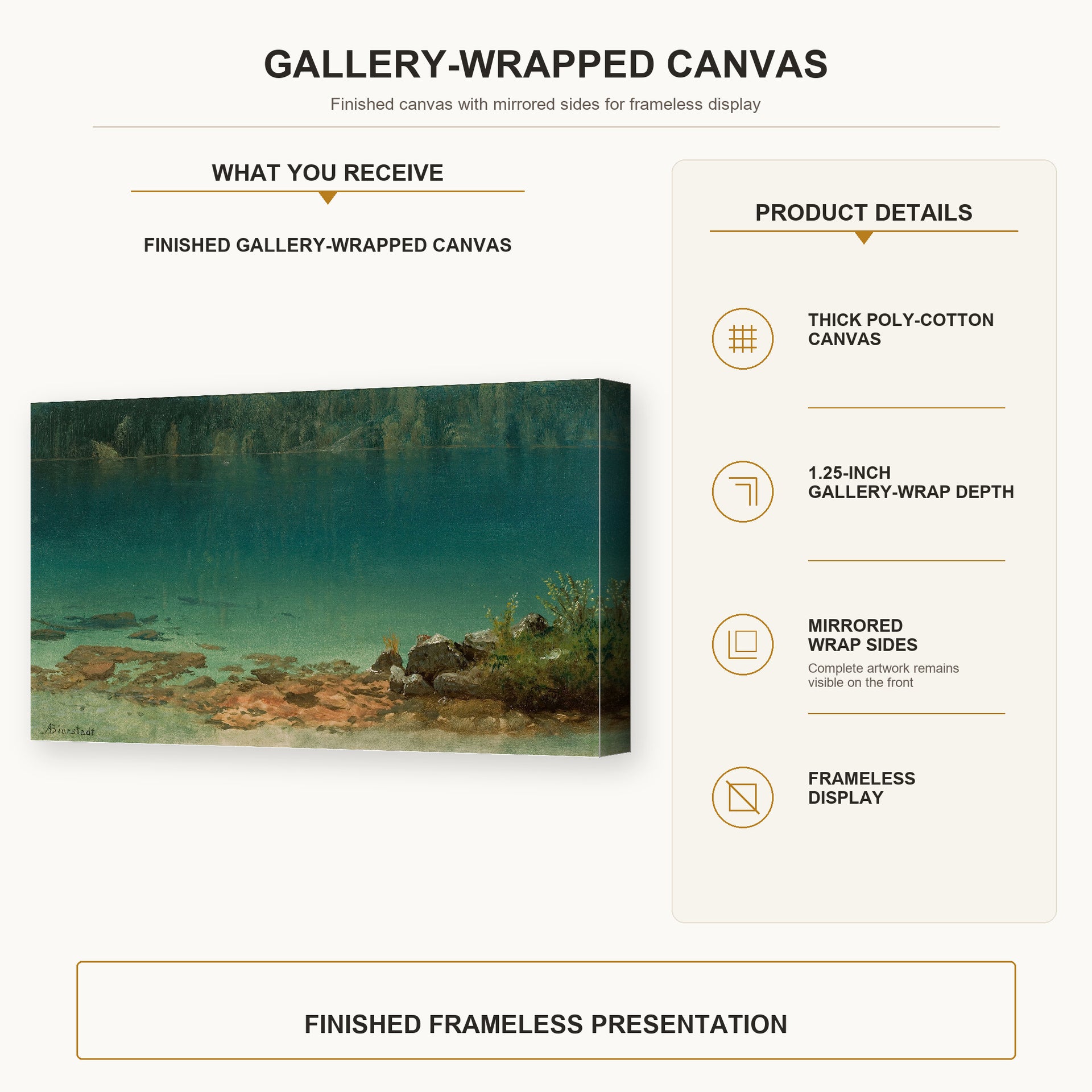 Albert Bierstadt - Lake Scene gallery wrap canvas construction and hanging details infographic