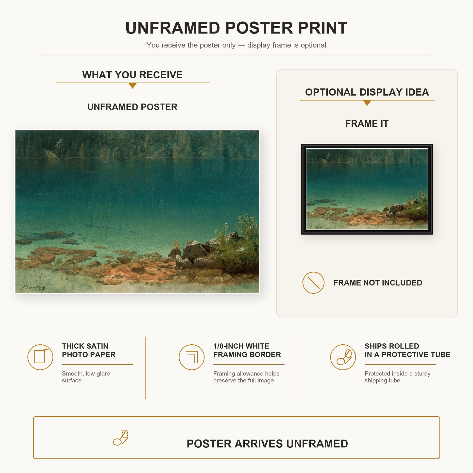Albert Bierstadt - Lake Scene poster print size comparison and framing display infographic