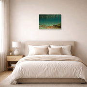 Unframed poster print of Albert Bierstadt's 'Lake Scene' displayed on a wall in a bedroom
