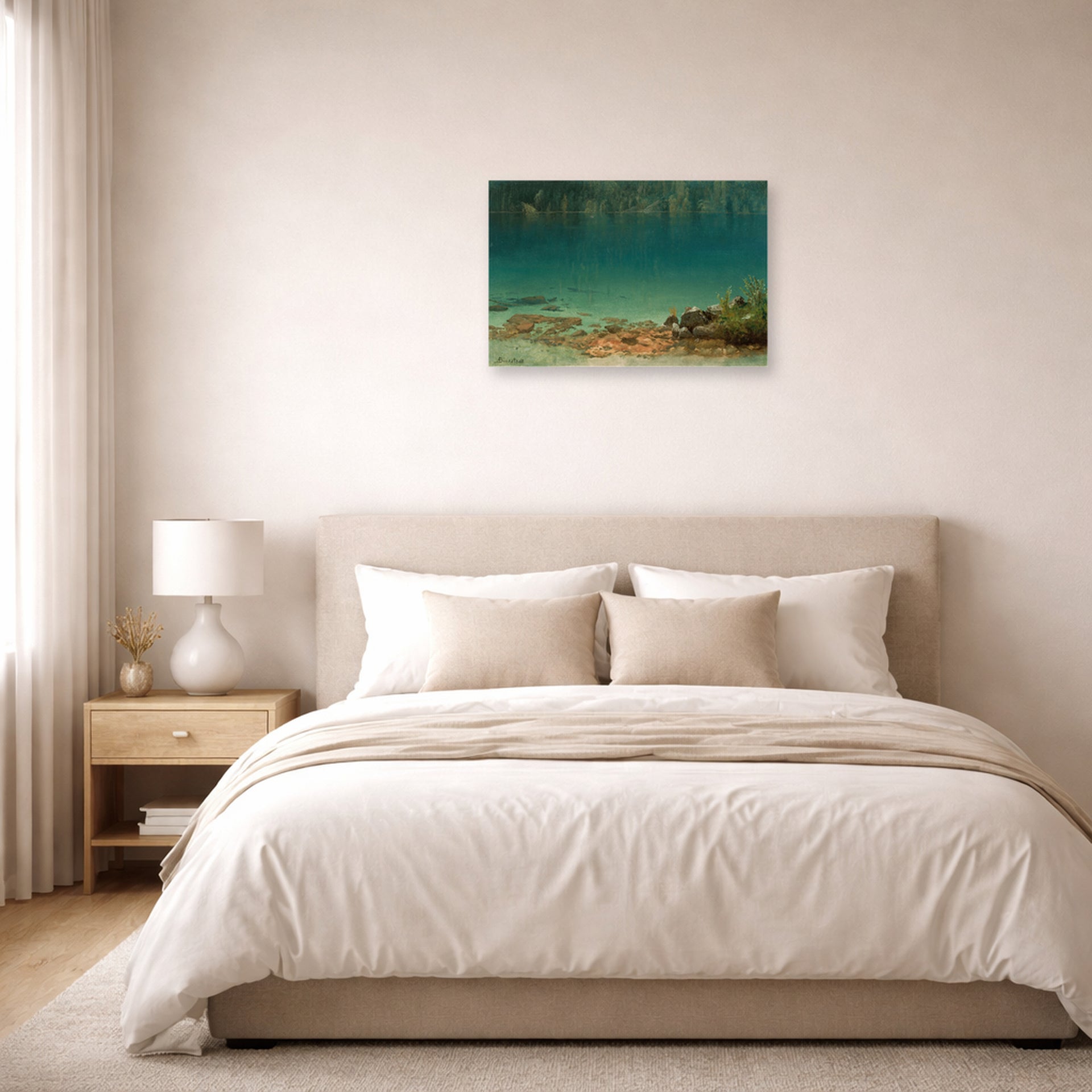 Unframed poster print of Albert Bierstadt's 'Lake Scene' displayed on a wall in a bedroom