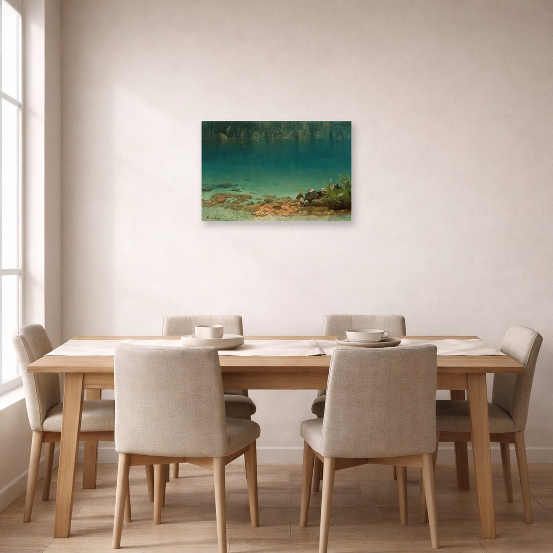 Unframed poster print of Albert Bierstadt's 'Lake Scene' displayed on a wall in a dining room