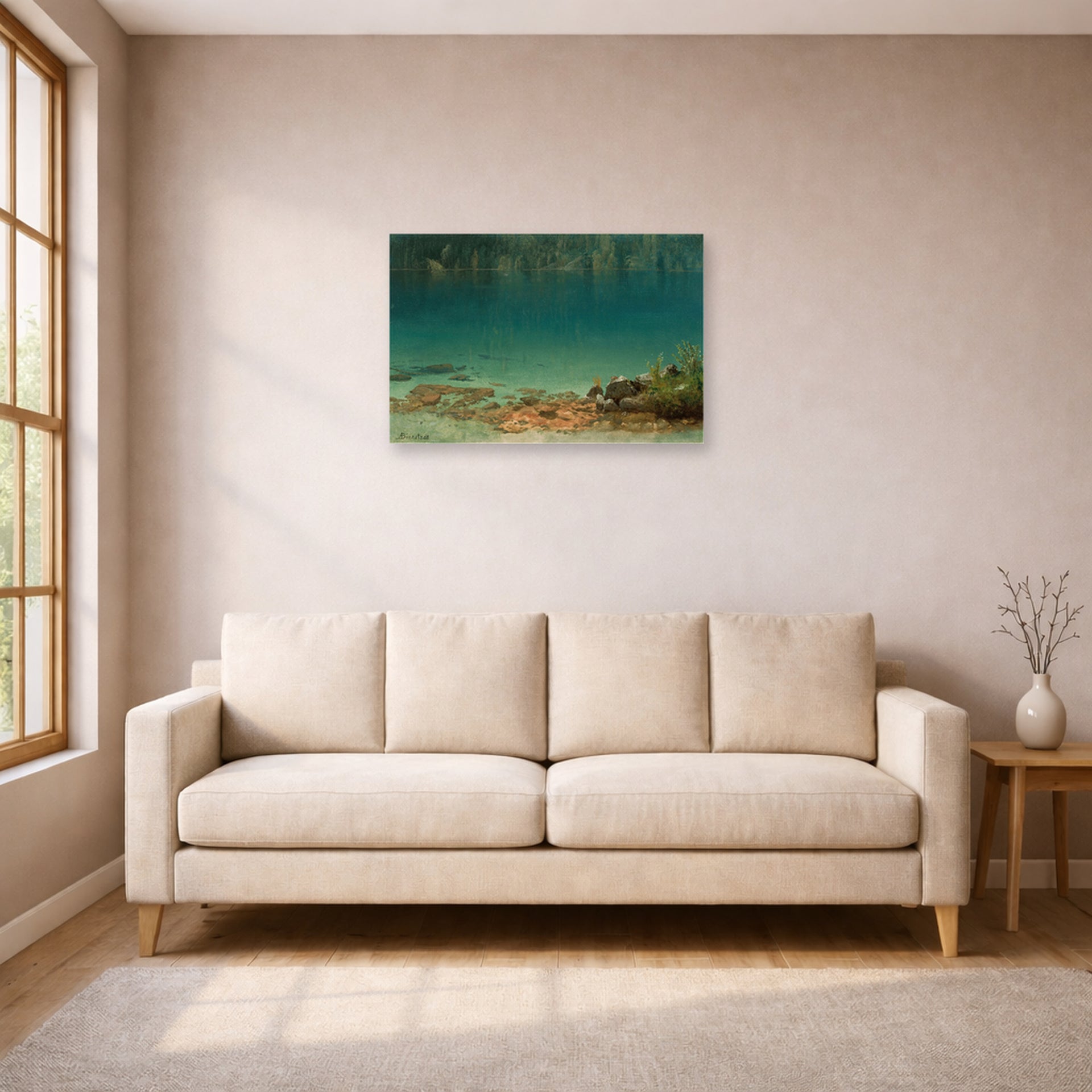Unframed poster print of Albert Bierstadt's 'Lake Scene' displayed on a wall in a living room