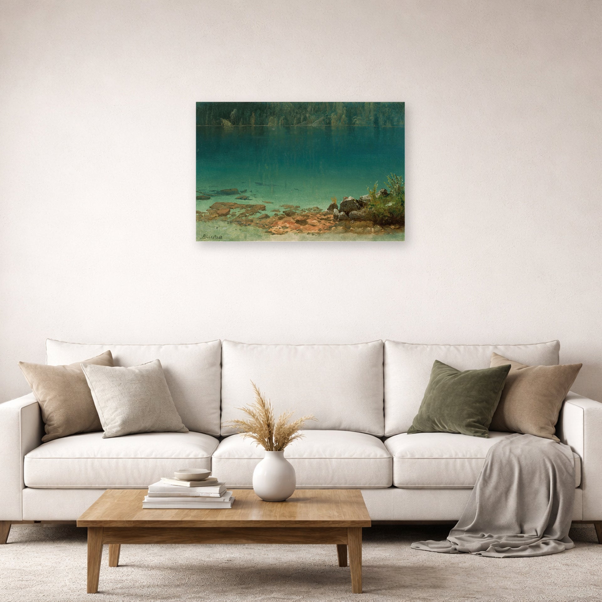 Unframed poster print of Albert Bierstadt's 'Lake Scene' displayed on a wall in a living room