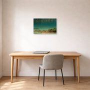 Unframed poster print of Albert Bierstadt's 'Lake Scene' displayed on a wall in a office