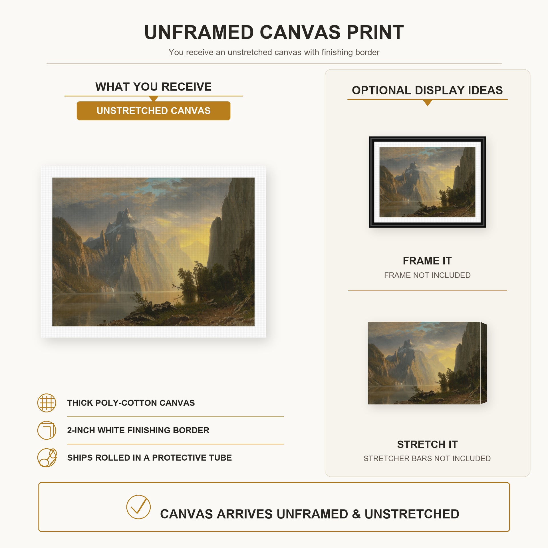 Albert Bierstadt - Lake in the Sierra Nevada canvas print size comparison and framing display infographic