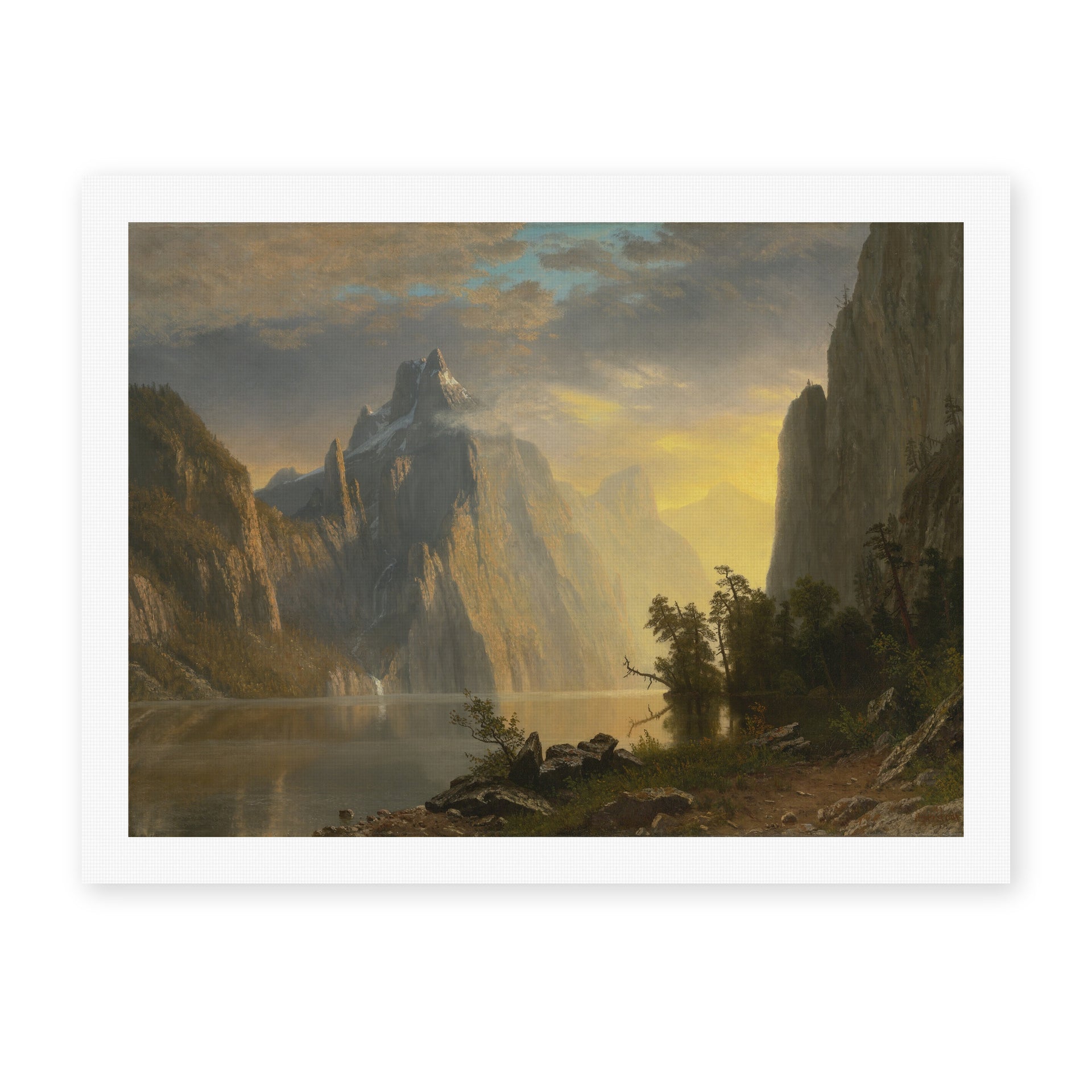 Albert Bierstadt's 'Lake in the Sierra Nevada' painting reproduced as a rolled canvas print