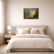 Gallery-wrapped canvas print of Albert Bierstadt's 'Lake in the Sierra Nevada' displayed on a wall in a bedroom