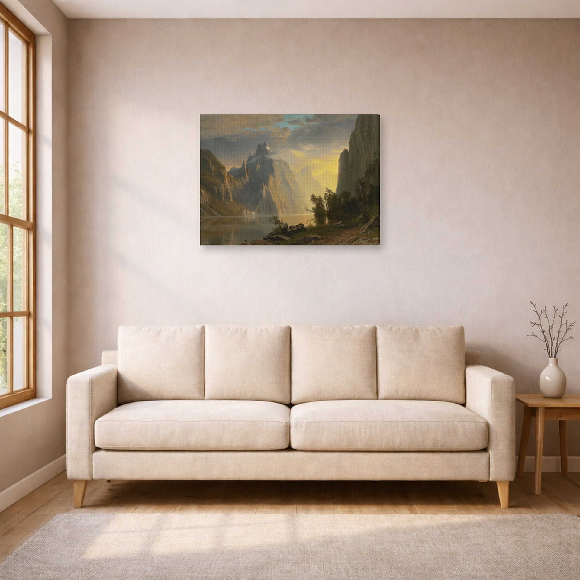 Gallery-wrapped canvas print of Albert Bierstadt's 'Lake in the Sierra Nevada' displayed on a wall in a living room