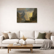 Gallery-wrapped canvas print of Albert Bierstadt's 'Lake in the Sierra Nevada' displayed on a wall in a living room