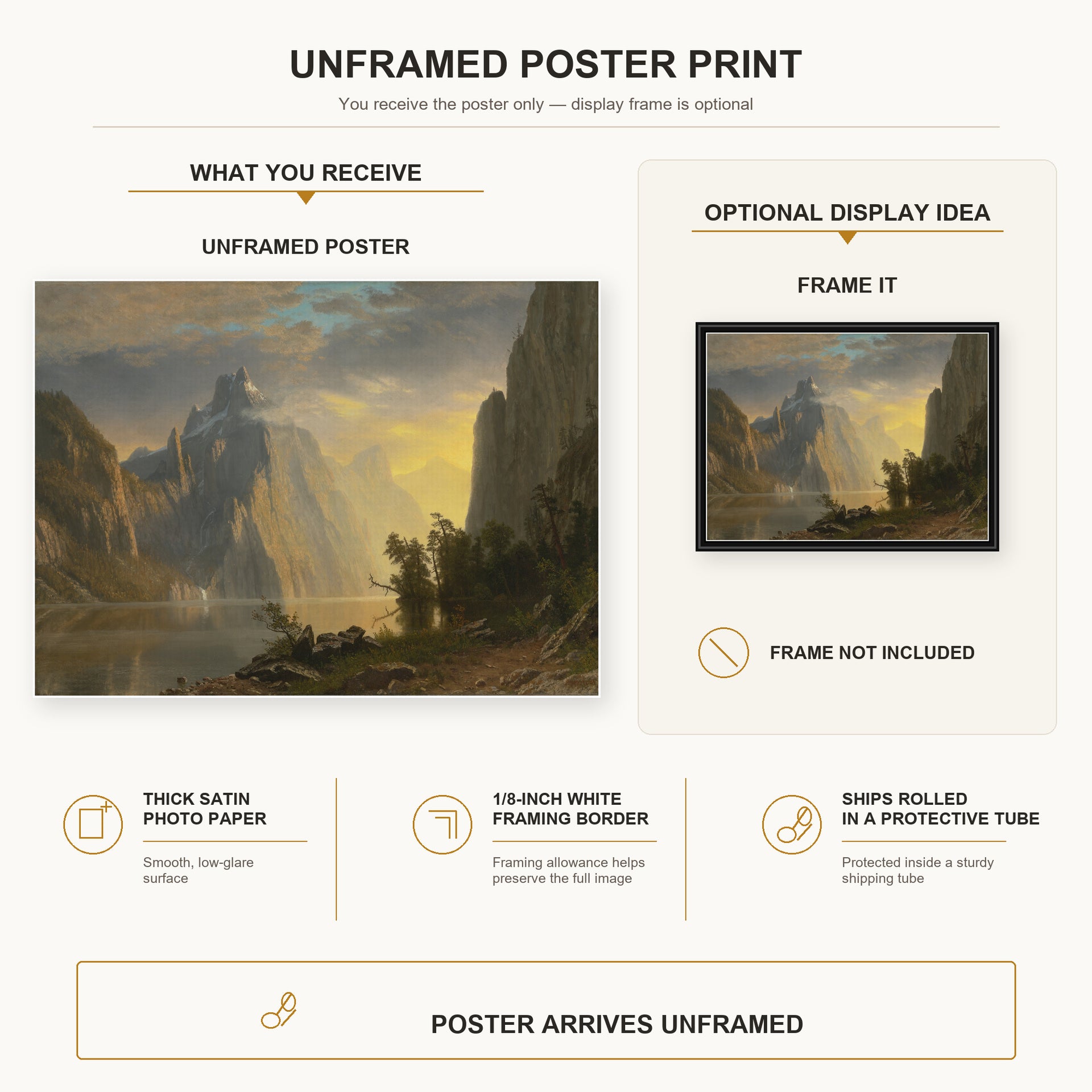 Albert Bierstadt - Lake in the Sierra Nevada poster print size comparison and framing display infographic
