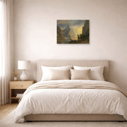 Unframed poster print of Albert Bierstadt's 'Lake in the Sierra Nevada' displayed on a wall in a bedroom