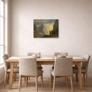 Unframed poster print of Albert Bierstadt's 'Lake in the Sierra Nevada' displayed on a wall in a dining room