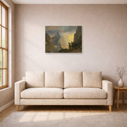 Unframed poster print of Albert Bierstadt's 'Lake in the Sierra Nevada' displayed on a wall in a living room