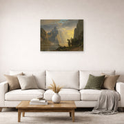 Unframed poster print of Albert Bierstadt's 'Lake in the Sierra Nevada' displayed on a wall in a living room