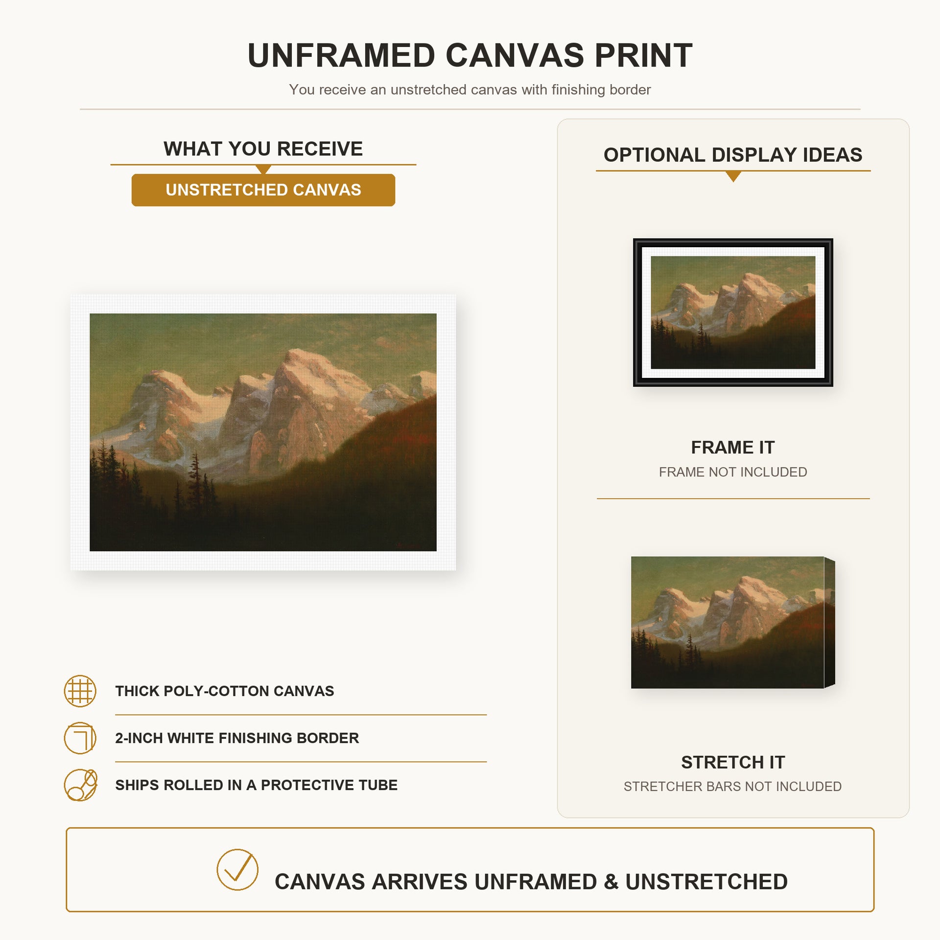 Albert Bierstadt - Late Afternoon Sun canvas print size comparison and framing display infographic