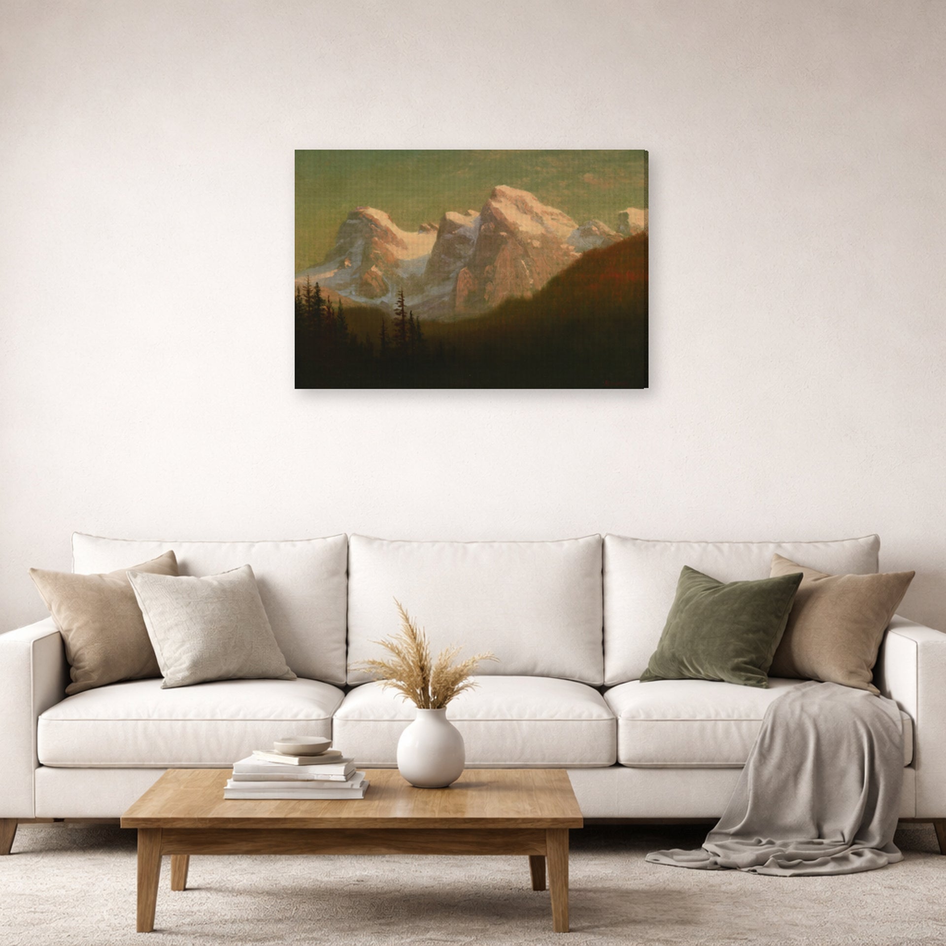 Gallery-wrapped canvas print of Albert Bierstadt's 'Late Afternoon Sun' displayed on a wall in a living room