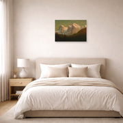 Unframed poster print of Albert Bierstadt's 'Late Afternoon Sun' displayed on a wall in a bedroom
