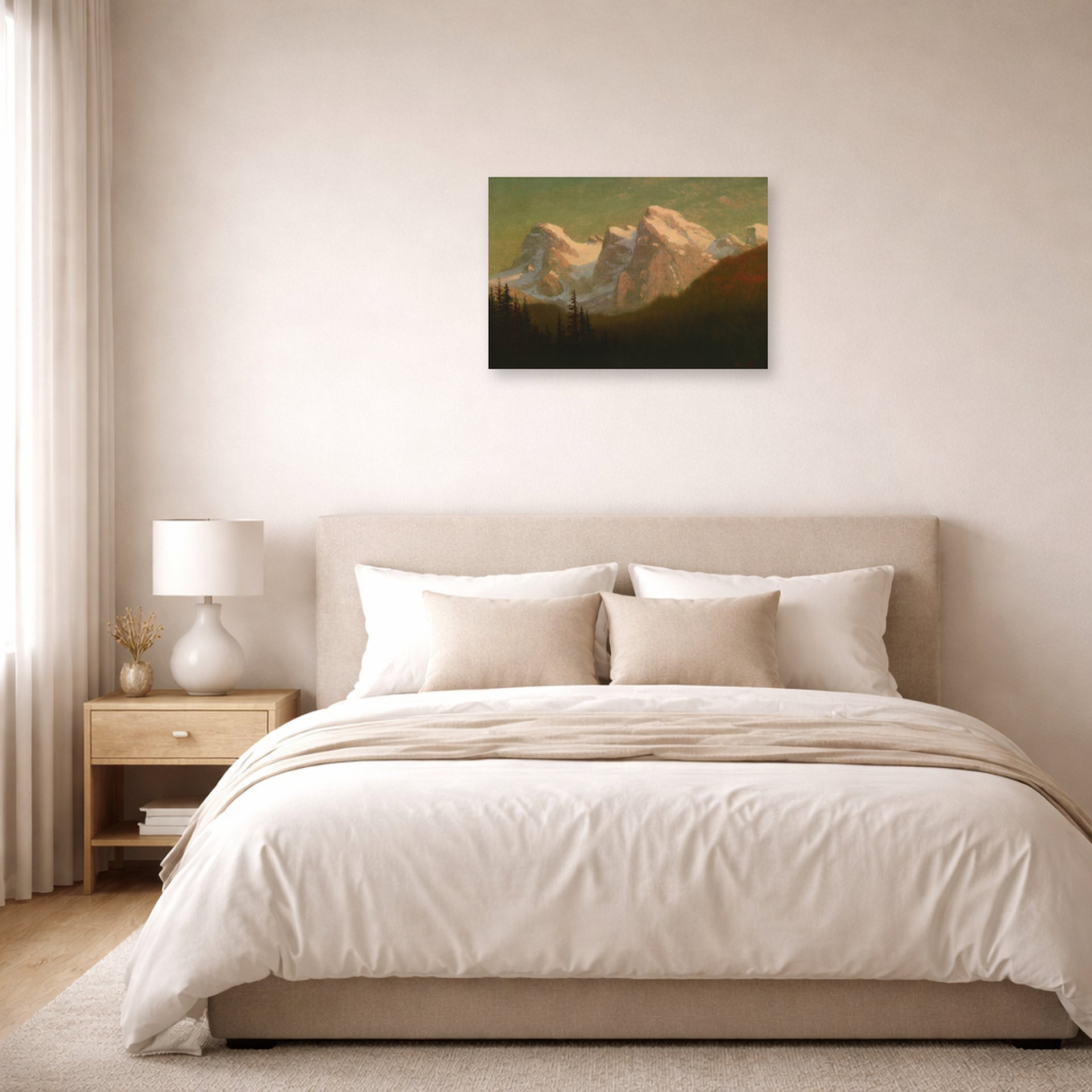 Unframed poster print of Albert Bierstadt's 'Late Afternoon Sun' displayed on a wall in a bedroom