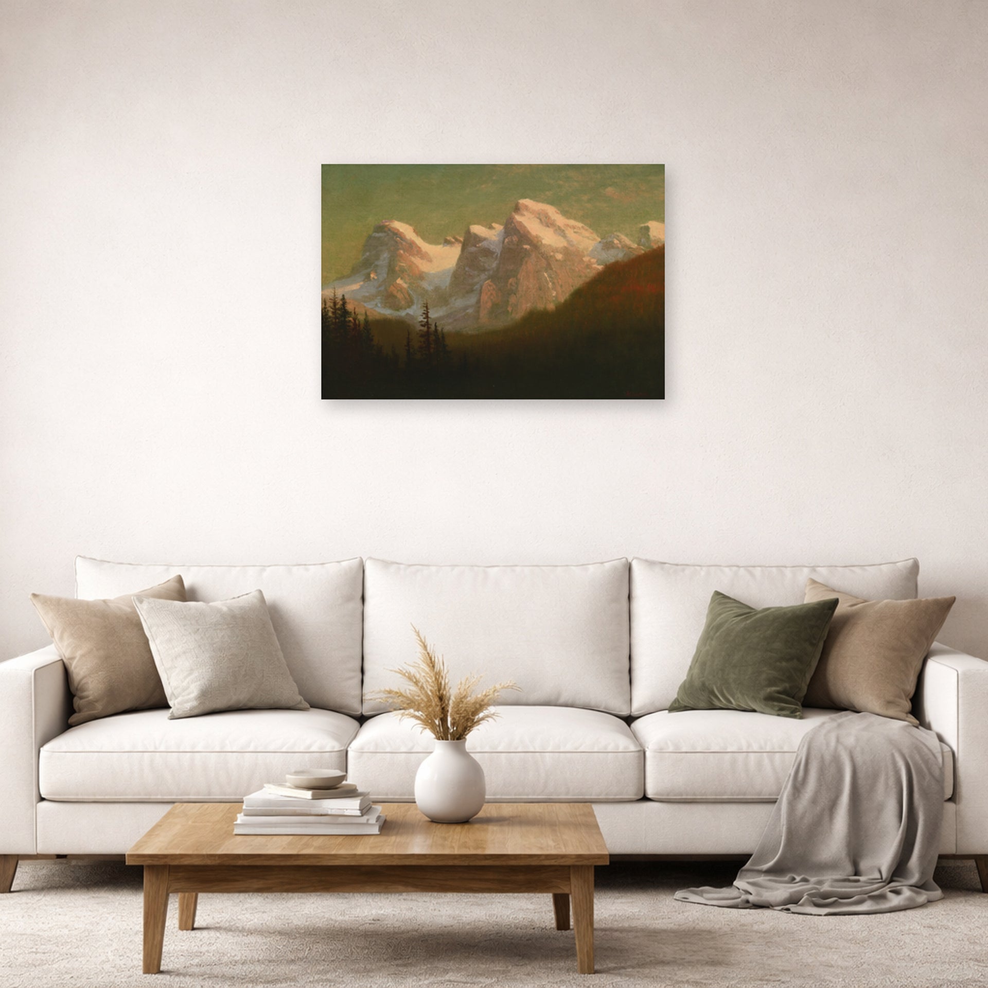Unframed poster print of Albert Bierstadt's 'Late Afternoon Sun' displayed on a wall in a living room