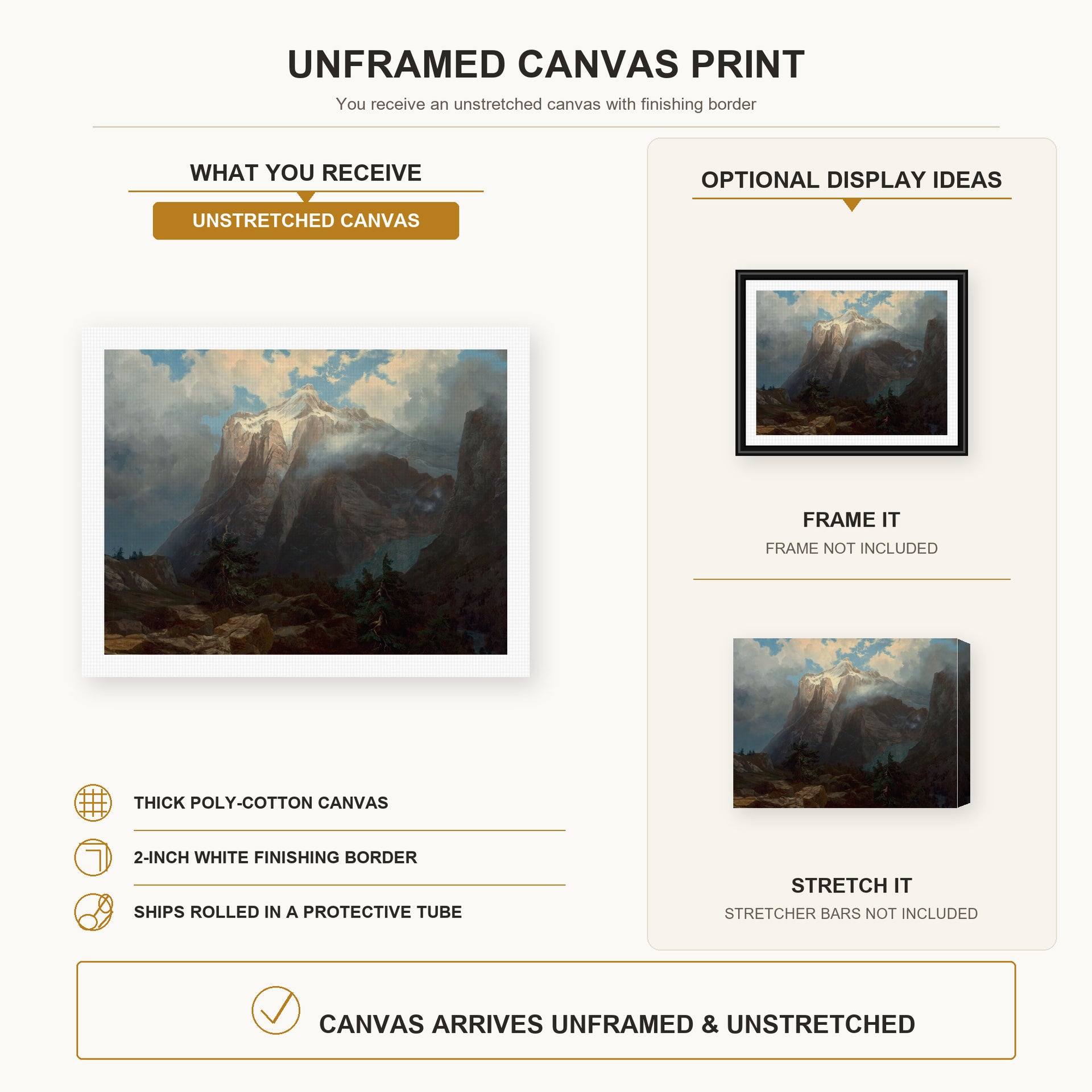 Albert Bierstadt - Mount Brewer from Kings River Canyon canvas print size comparison and framing display infographic