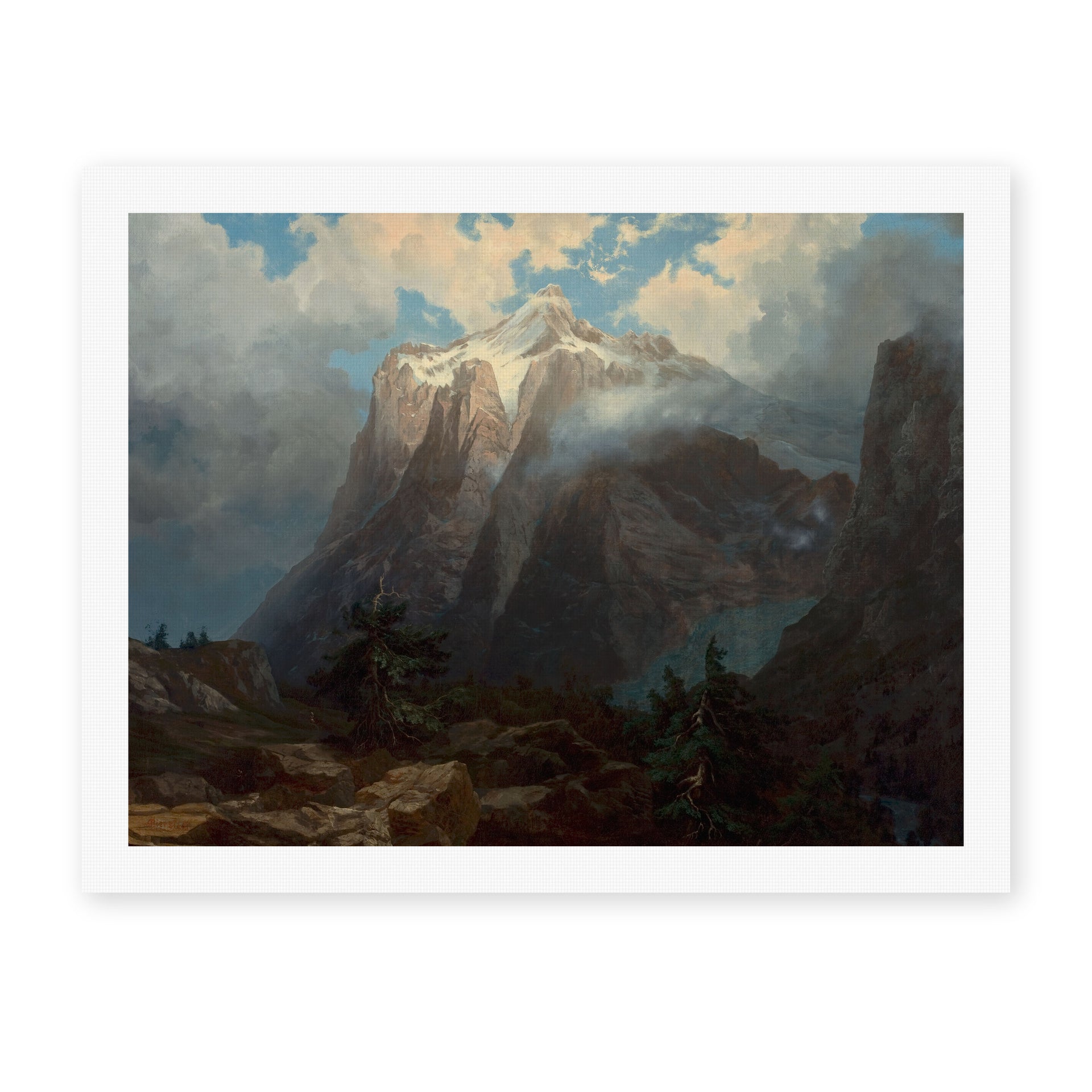 Albert Bierstadt's 'Mount Brewer from Kings River Canyon' painting reproduced as a rolled canvas print