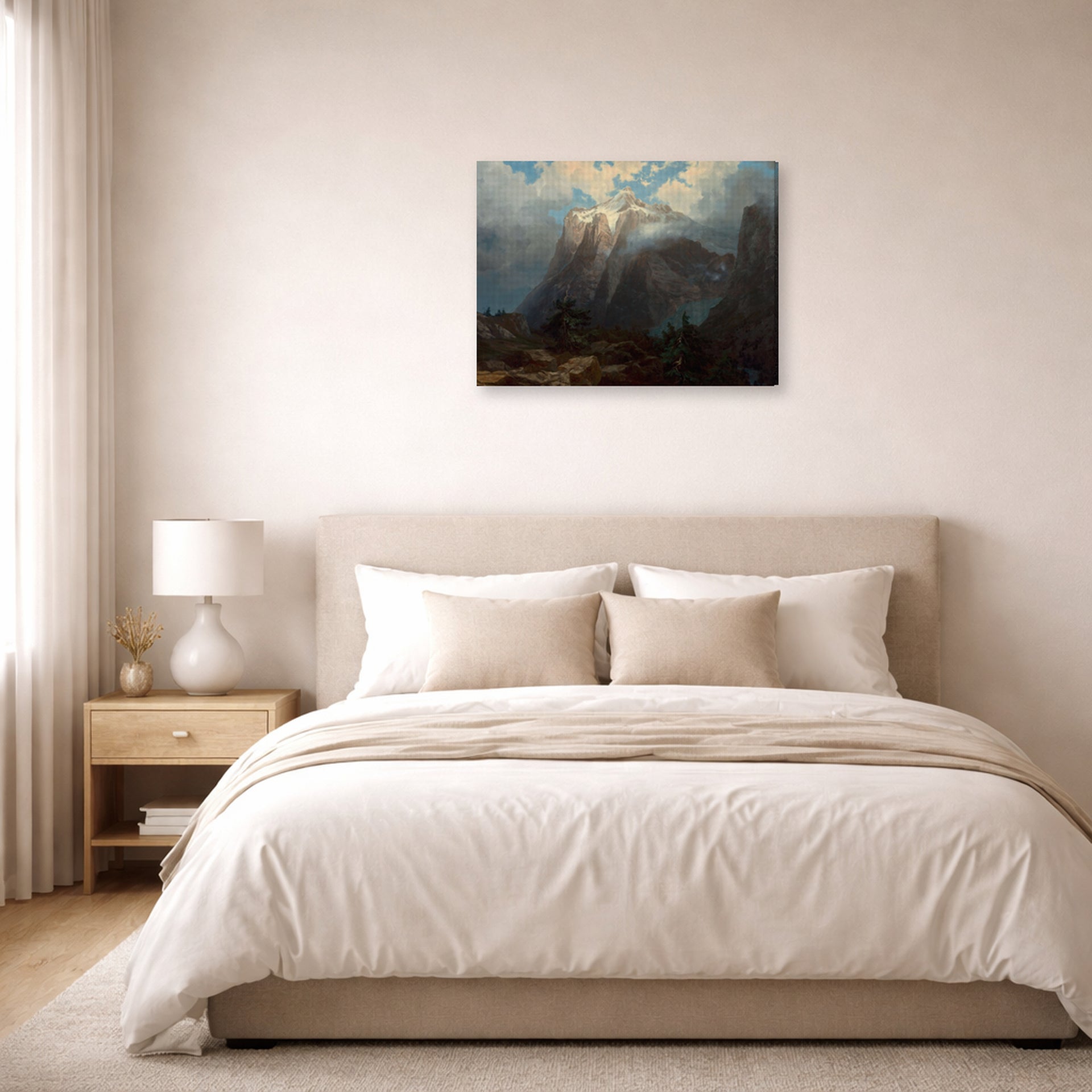 Gallery-wrapped canvas print of Albert Bierstadt's 'Mount Brewer from Kings River Canyon' displayed on a wall in a bedroom