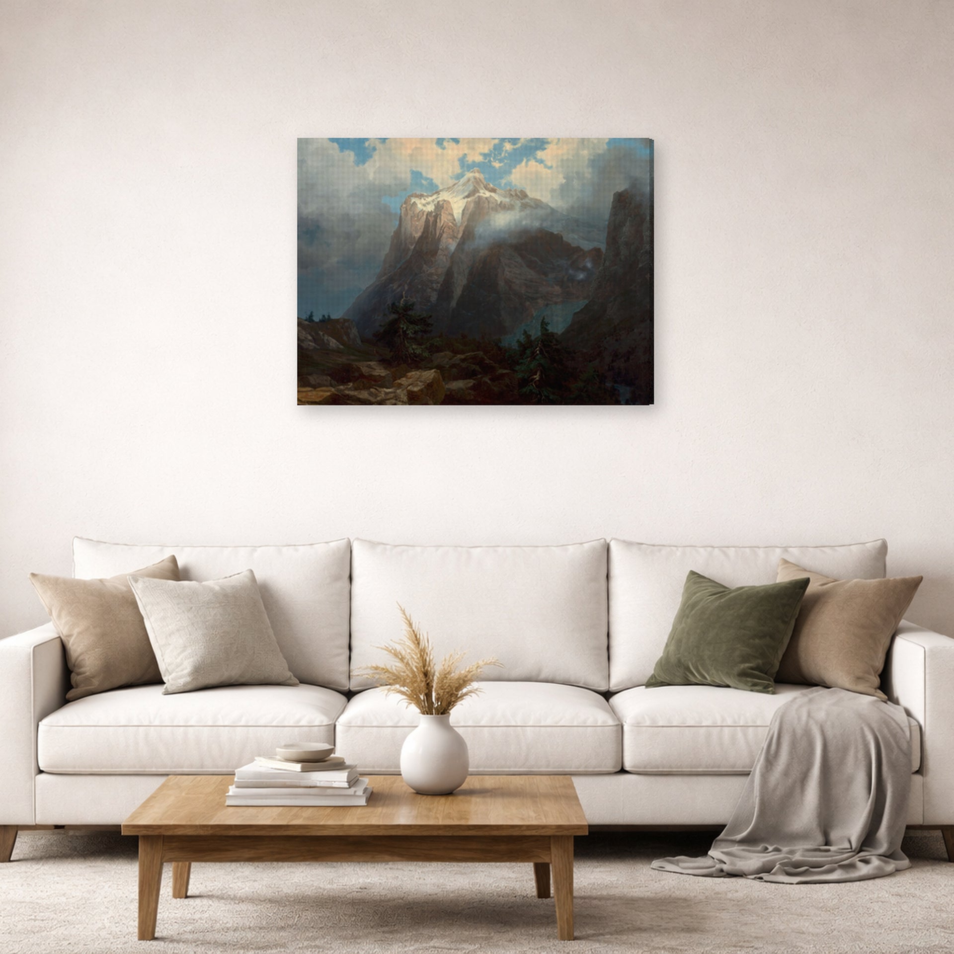 Gallery-wrapped canvas print of Albert Bierstadt's 'Mount Brewer from Kings River Canyon' displayed on a wall in a living room
