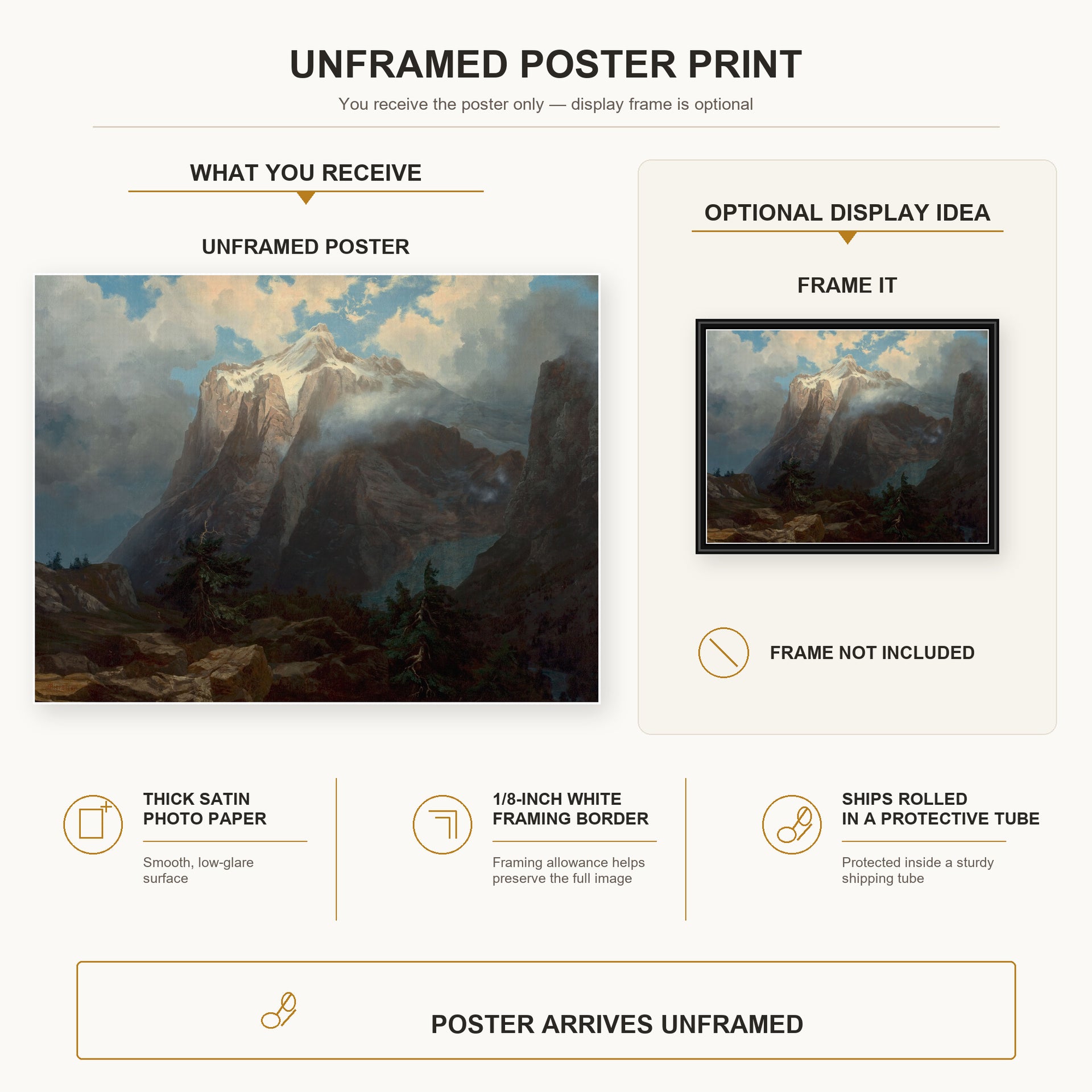 Albert Bierstadt - Mount Brewer from Kings River Canyon poster print size comparison and framing display infographic