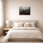 Unframed poster print of Albert Bierstadt's 'Mount Brewer from Kings River Canyon' displayed on a wall in a bedroom