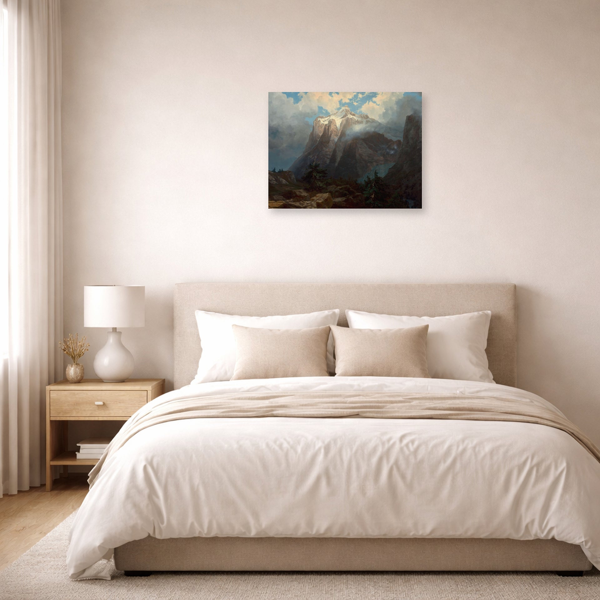 Unframed poster print of Albert Bierstadt's 'Mount Brewer from Kings River Canyon' displayed on a wall in a bedroom