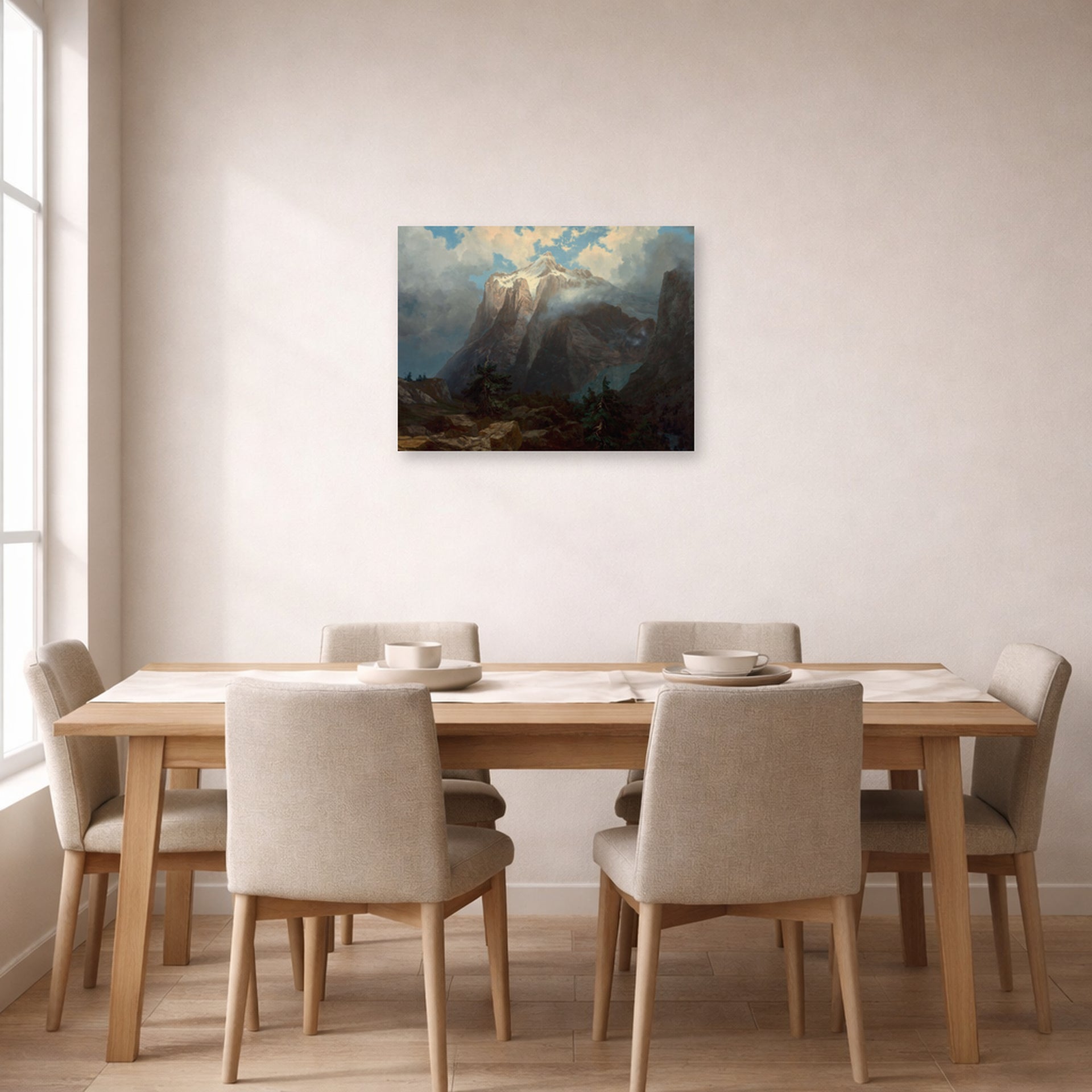 Unframed poster print of Albert Bierstadt's 'Mount Brewer from Kings River Canyon' displayed on a wall in a dining room