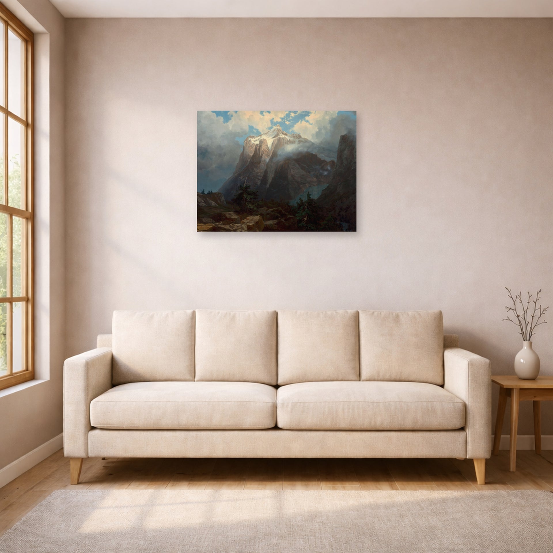 Unframed poster print of Albert Bierstadt's 'Mount Brewer from Kings River Canyon' displayed on a wall in a living room