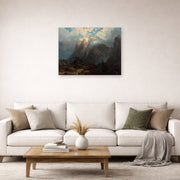 Unframed poster print of Albert Bierstadt's 'Mount Brewer from Kings River Canyon' displayed on a wall in a living room
