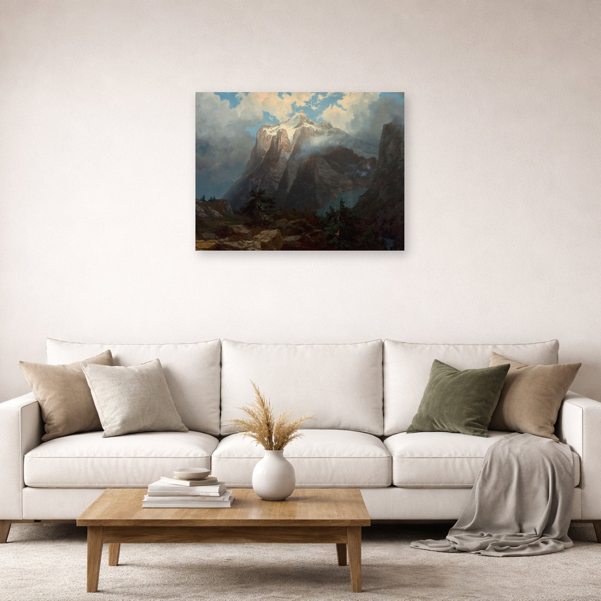 Unframed poster print of Albert Bierstadt's 'Mount Brewer from Kings River Canyon' displayed on a wall in a living room