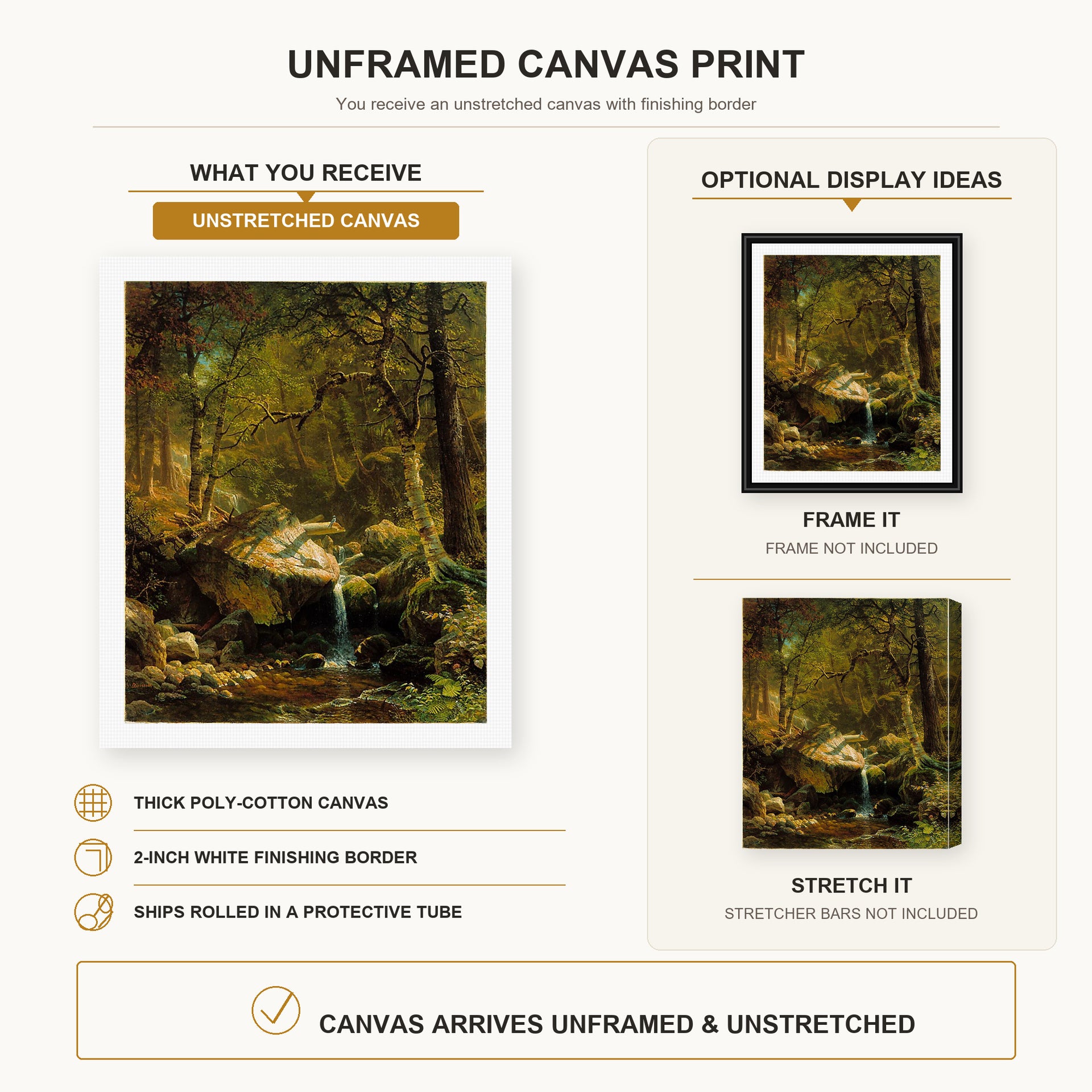 Albert Bierstadt - Mountain Brook canvas print size comparison and framing display infographic